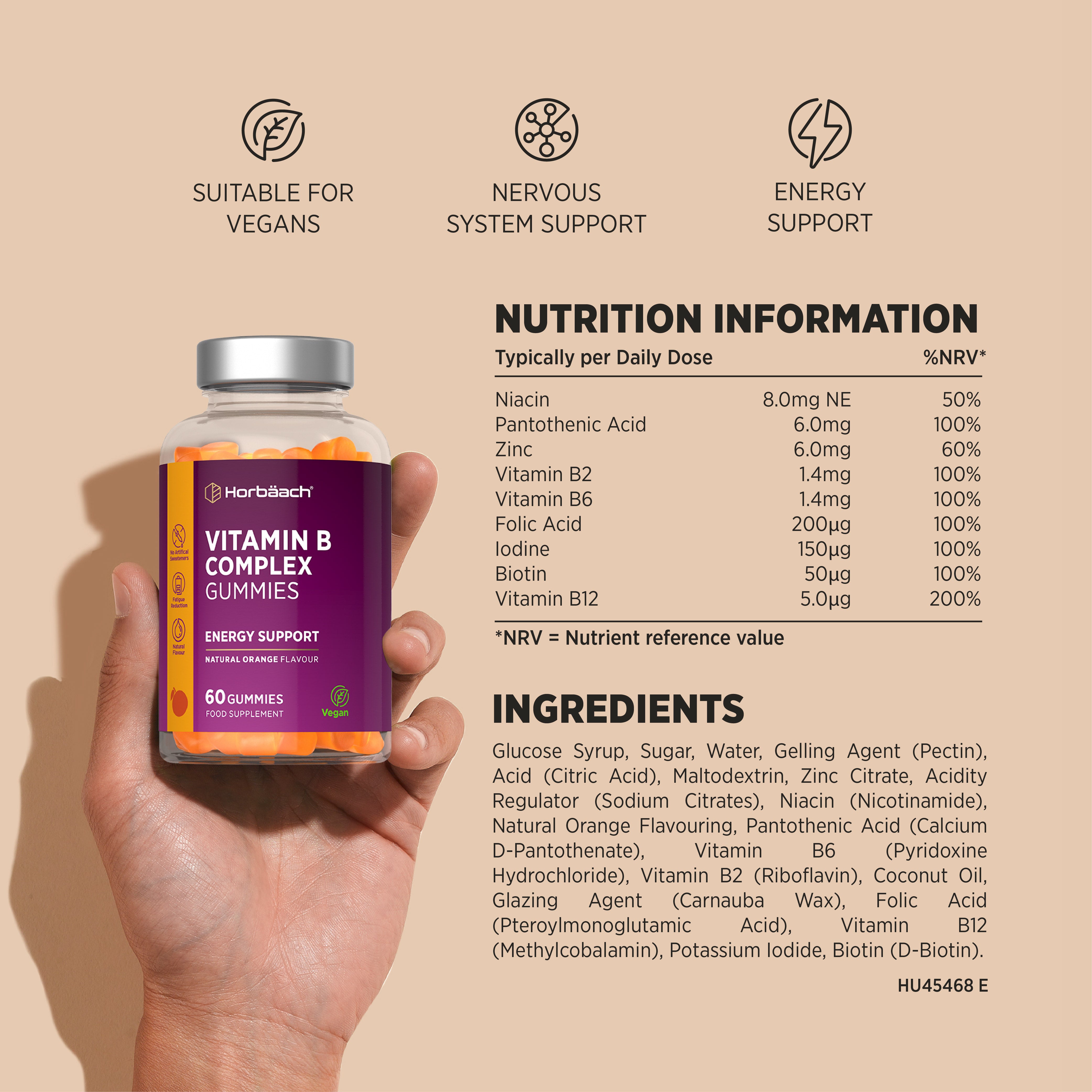 Vitamin B Complex 60 Vegan Gummies bottle with natural orange flavor, for energy support.