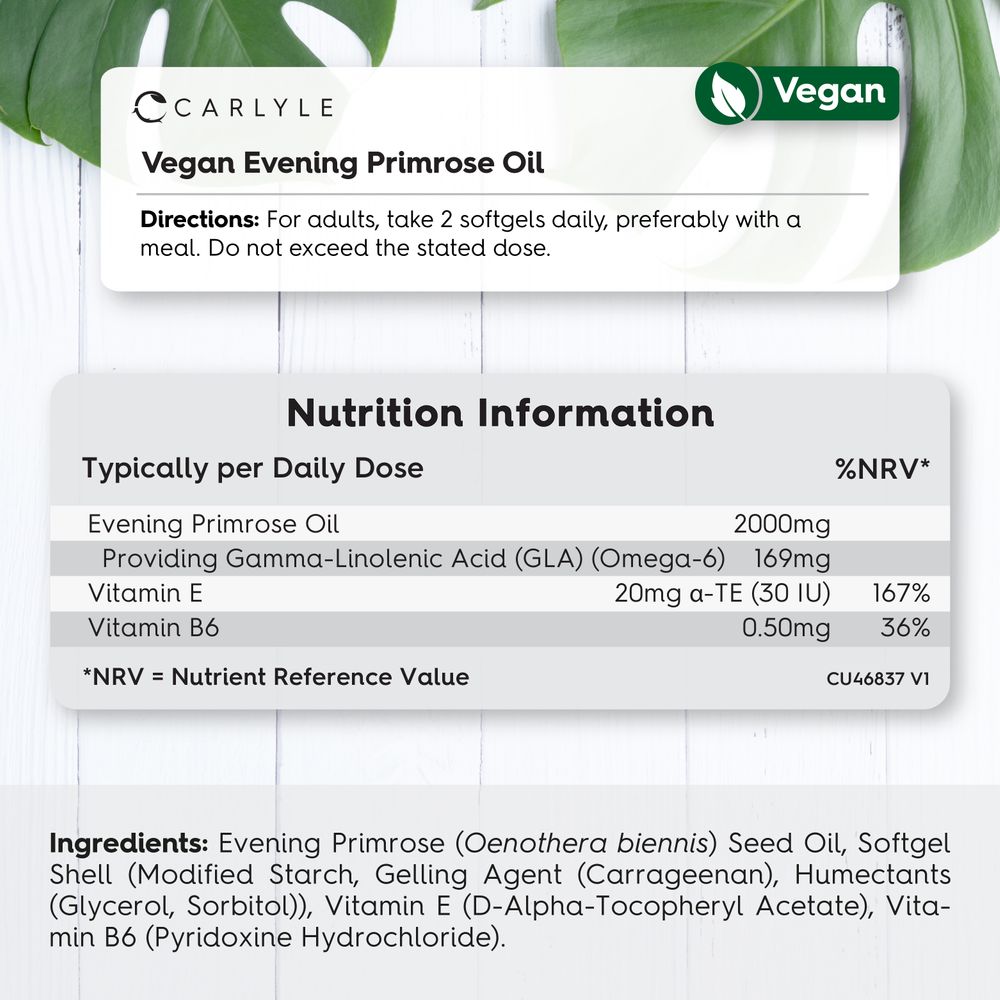 Vegan Evening Primrose Oil softgels, 2000mg per dose, with Vitamin E and B6, displayed on a hand for scale.