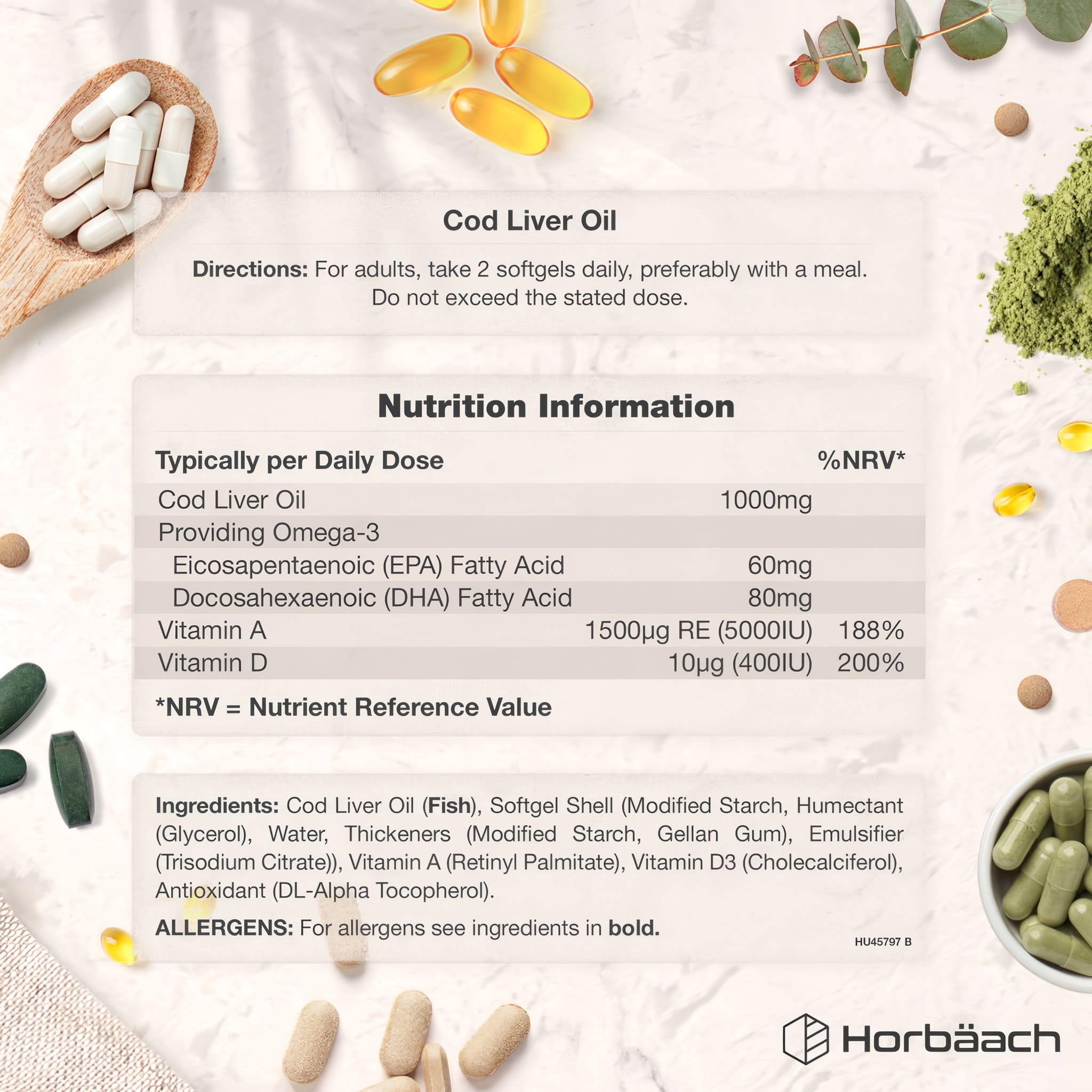 Image of Supplement Facts panel for Cod Liver Oil 1000mg, Gelatine Free, 120 Softgels.