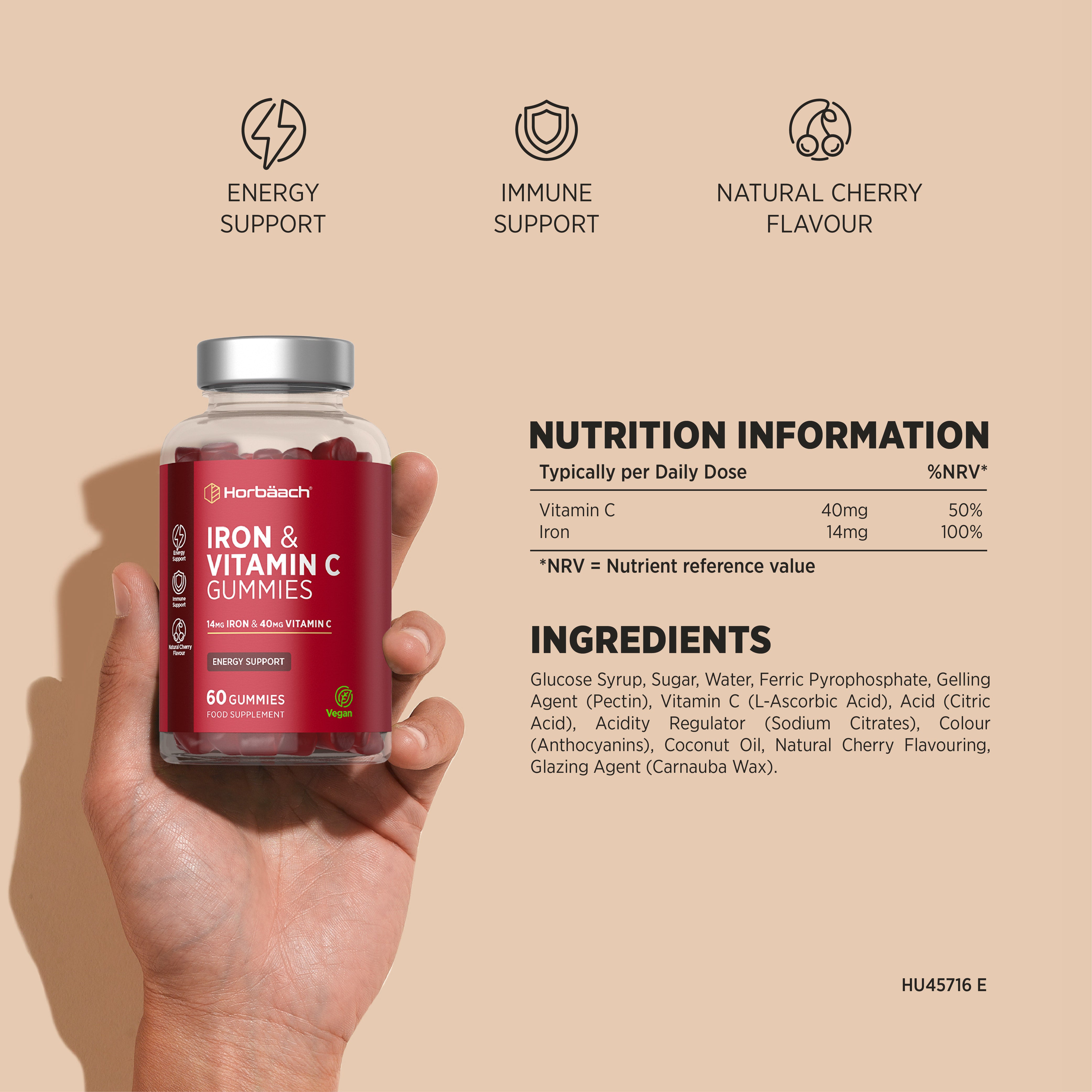 Iron and Vitamin C Gummies with 14mg Iron and 40mg Vitamin C, 60 vegan gummies included.