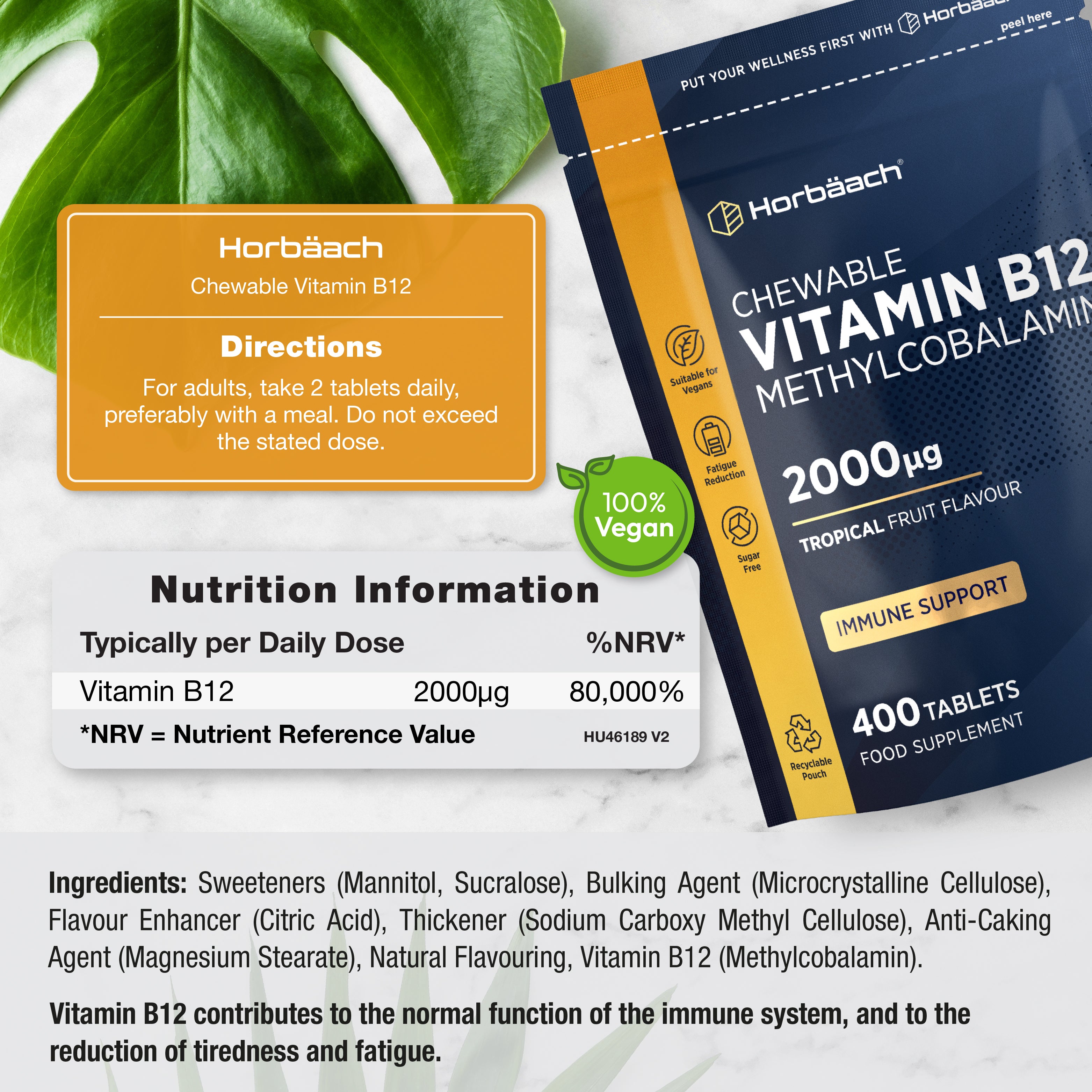 Horbäach Chewable Vitamin B12 Methylcobalamin 2000µg, Tropical Fruit Flavour, 400 Tablets, 100% Vegan Food Supplement.