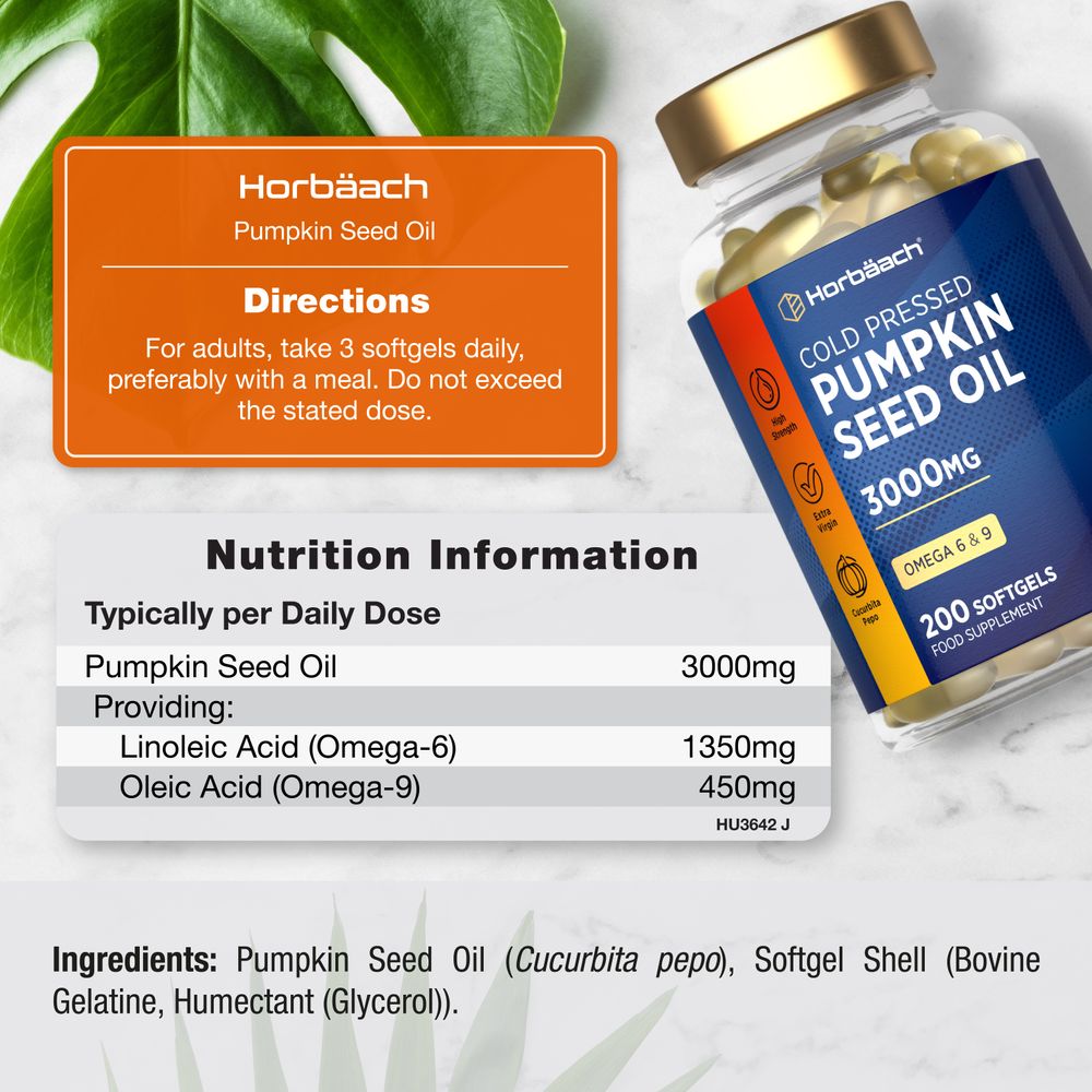 Golden oval softgels for Horbäach Pumpkin Seed Oil. A daily dose of 3 softgels provides 3000mg.