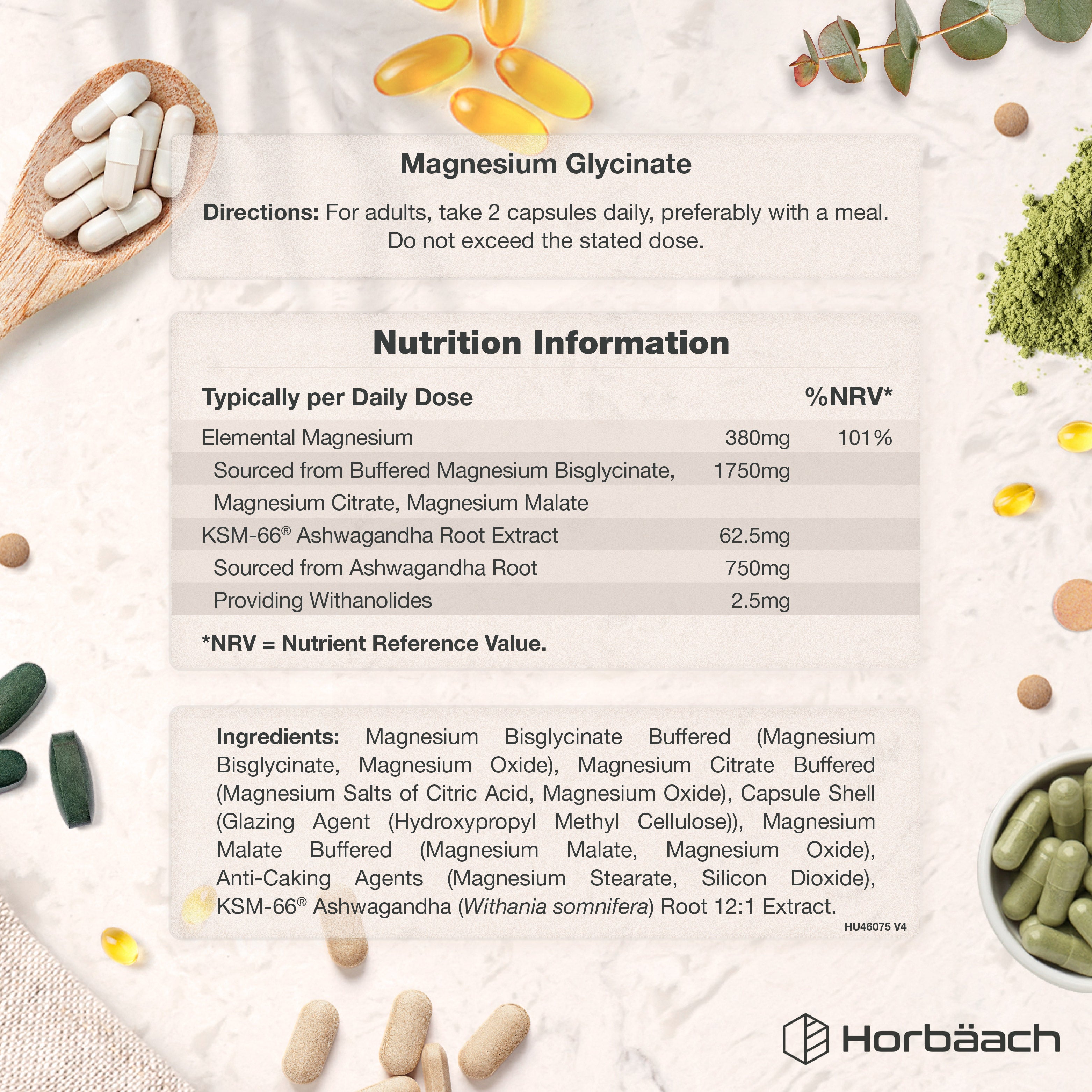 HU Magnesium 4-in-1 Complex 2500 mg 120 Capsules label, titled 'Magnesium Glycinate', showing nutrition and ingredient details.