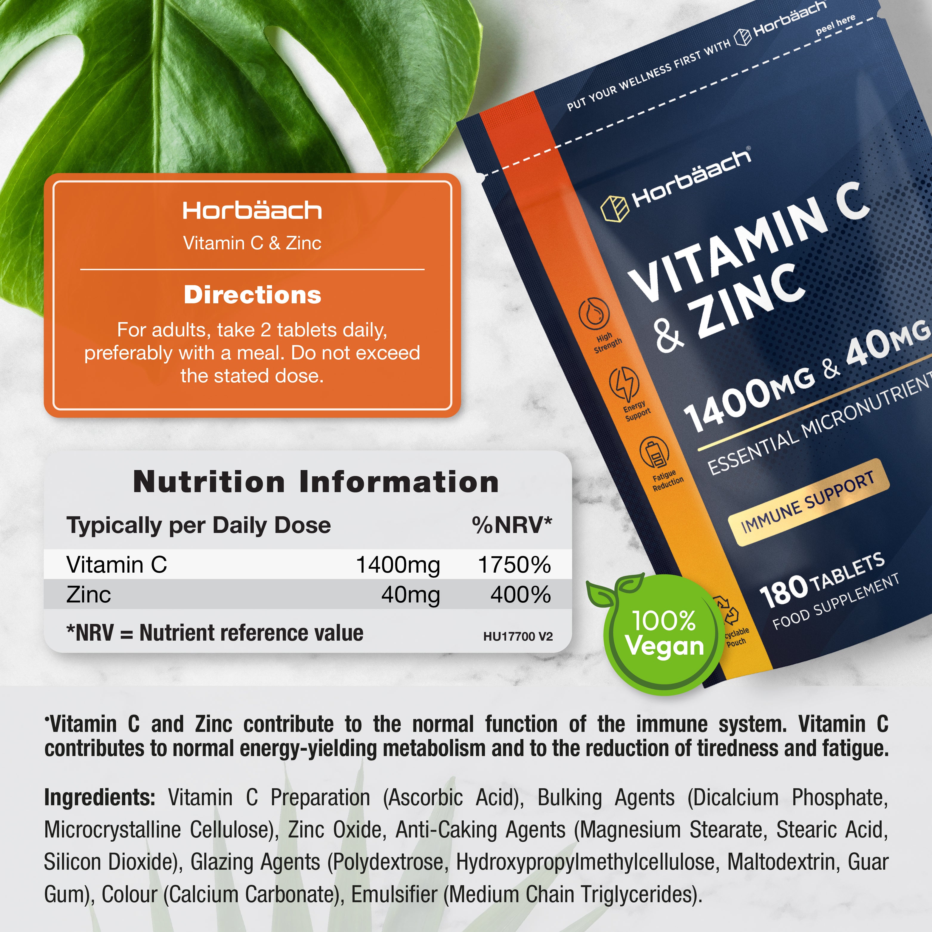 Horbäach Vitamin C & Zinc 1400mg & 40mg, 180 Vegan Tablets Food Supplement in a pouch.
