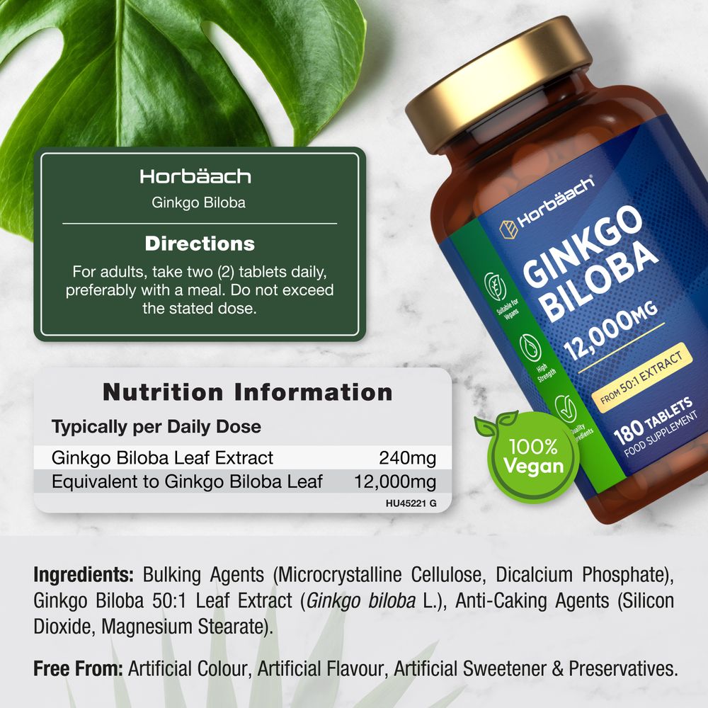 Ginkgo Biloba supplement, 12,000MG dosage, 180 tablets, suitable for vegans, shown on a hand scale.