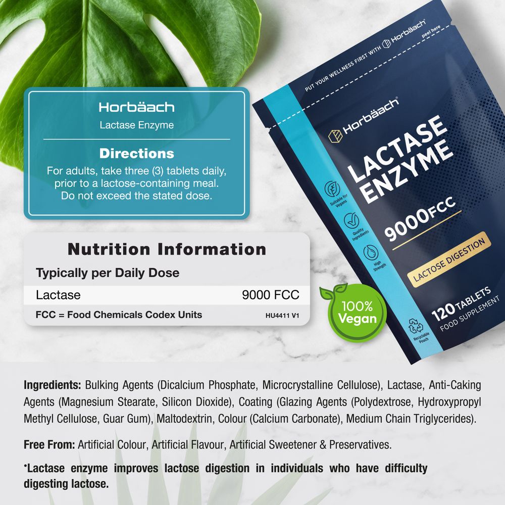 Hand holding a bottle of Lactase Enzyme 9000FCC, containing 120 vegan tablets, ideal for supporting lactose digestion.