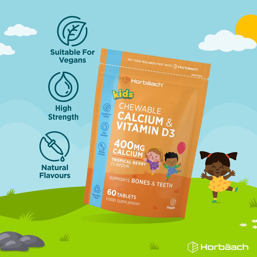 Calcium 400 mg and Vitamin D3 for Kids | 90 Chewable Tablets
