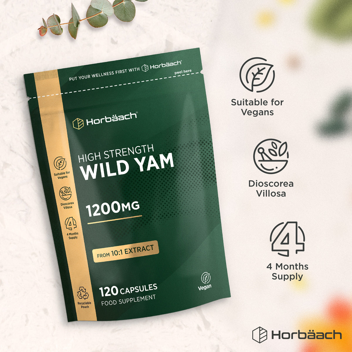 Wild Yam 1200mg 120 Capsules, High Strength 10:1 extract, Vegan, Dioscorea Villosa, 4 Months Supply, Recyclable Pouch.