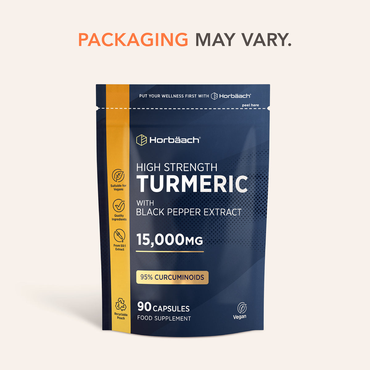 High Strength Turmeric with Black Pepper Extract, 15,000mg, 95% Curcuminoids, 90 Vegan Capsules, Food Supplement bottle.