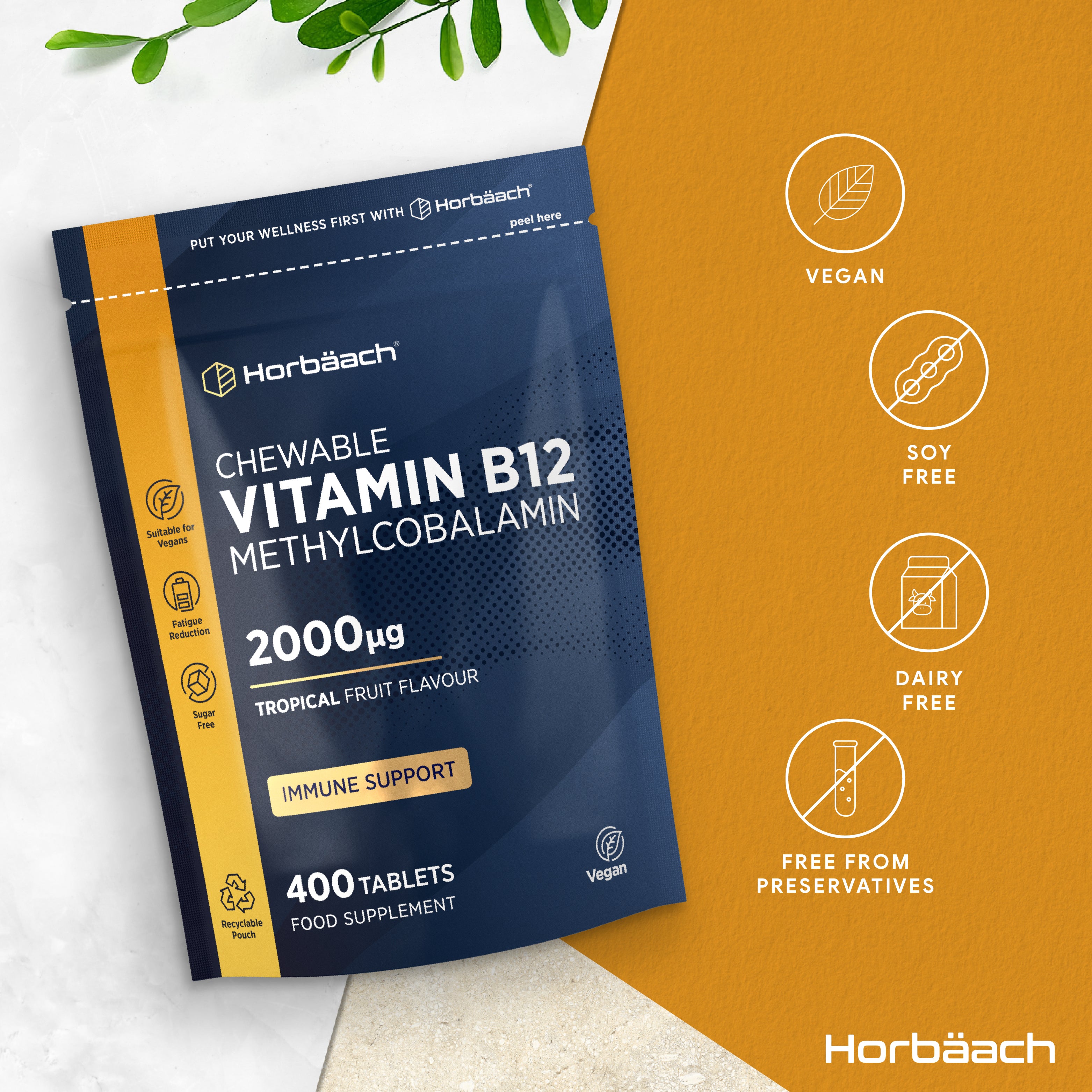 Horbäach Chewable Vitamin B12 Methylcobalamin 2000µg Tropical Fruit Flavour, 400 Tablets, Food Supplement.