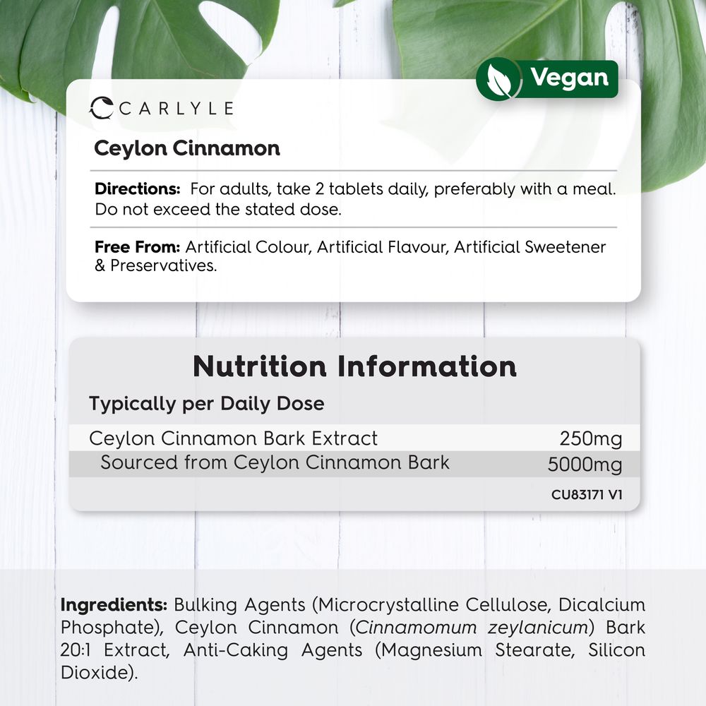 Ceylon Cinnamon Vegan capsules by Carlyle. 250mg extract from 5000mg bark. No artificial colors, flavors, or preservatives.