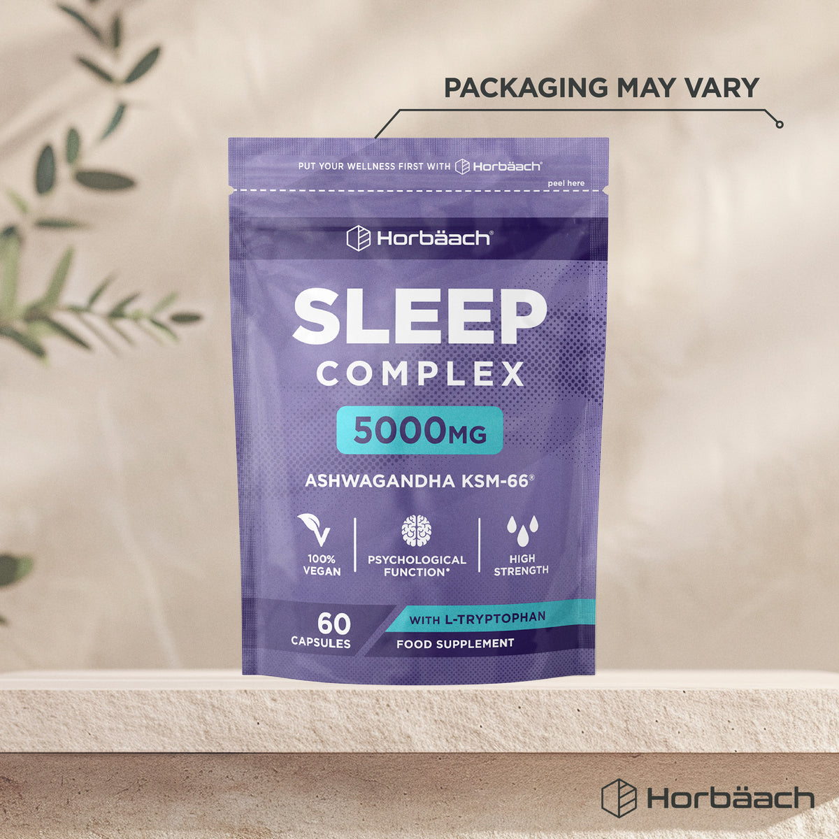 Sleep Complex 5000mg Ashwagandha KSM-66 and L-Tryptophan in 60 vegan capsules. It's 100% vegan and high strength.