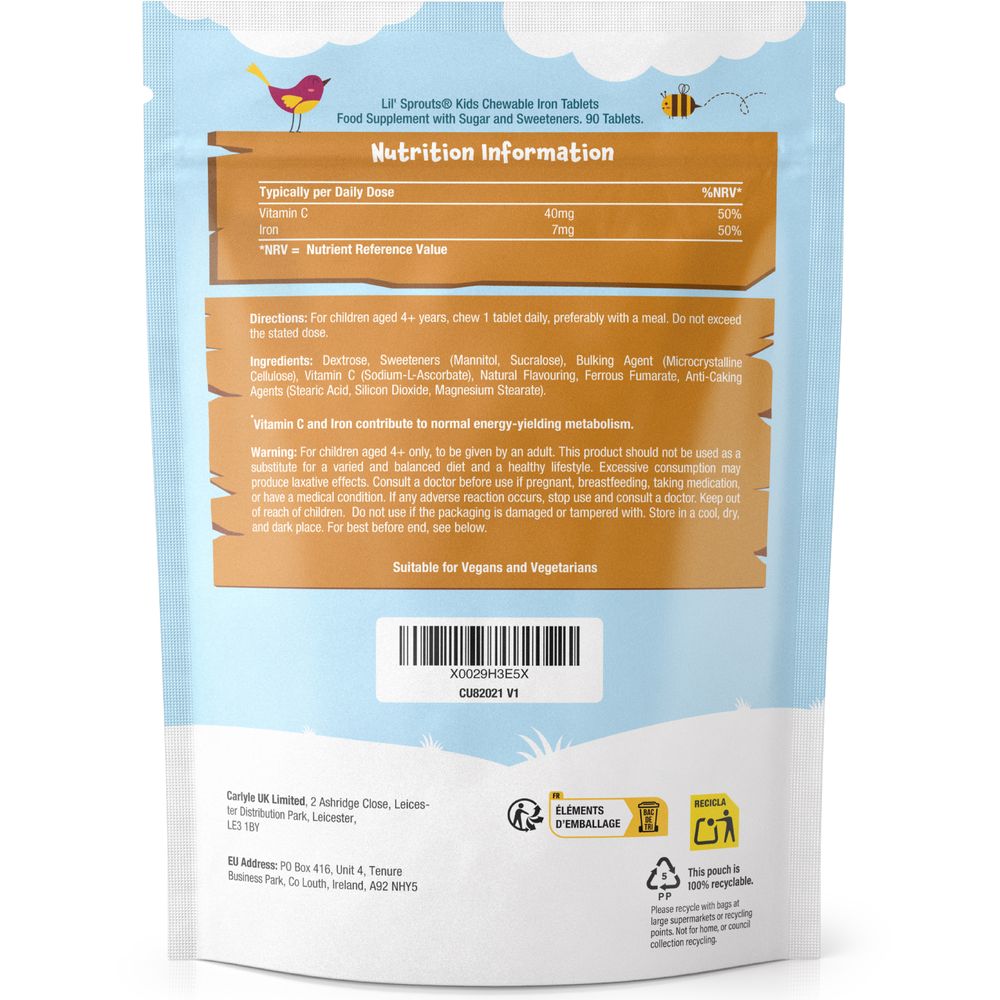 Back of Lil' Sprouts Kids Chewable Iron Tablets package showing nutrition facts, directions, and ingredients.