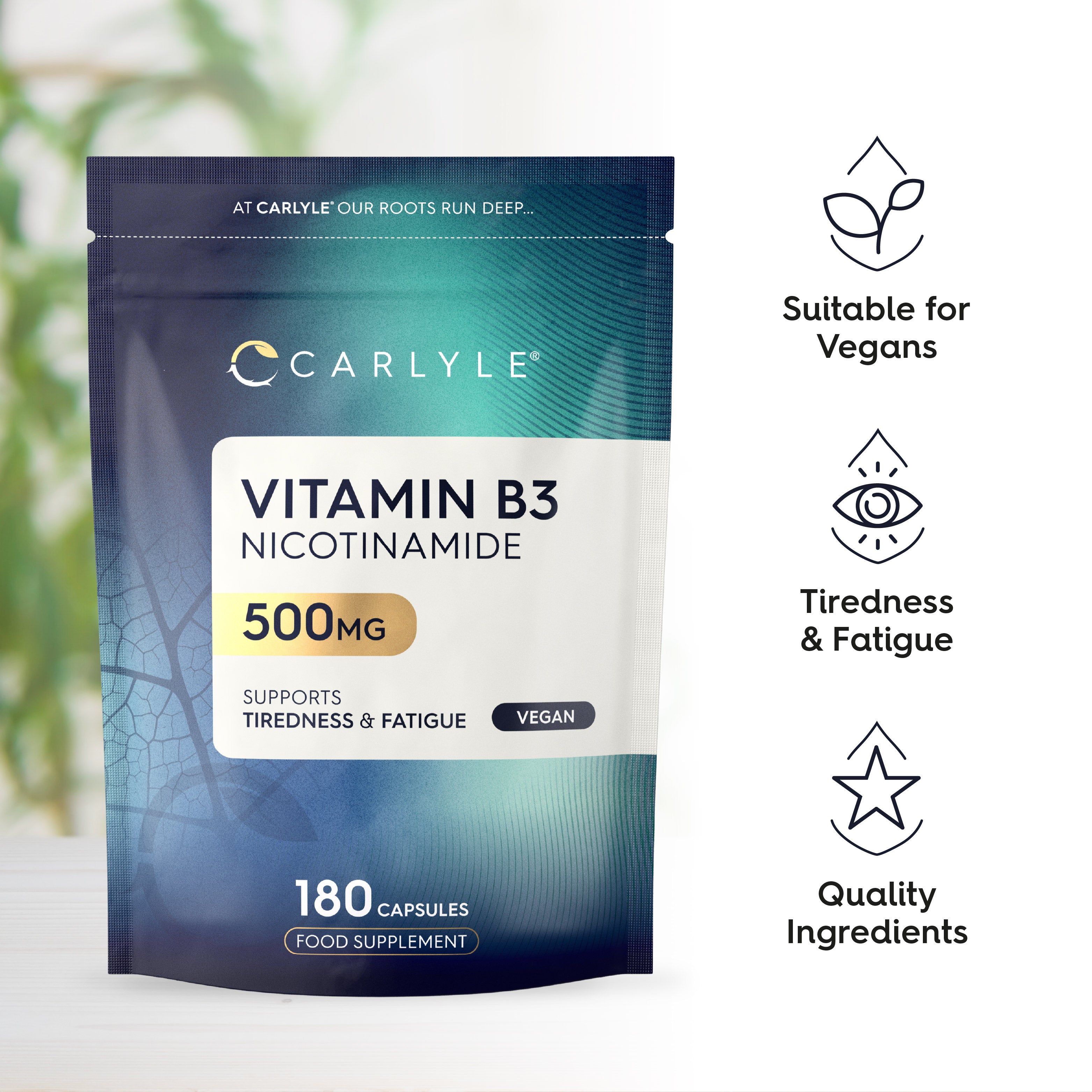 Carlyle Vitamin B3 Nicotinamide 500MG, 180 capsules in a flexible pouch; food supplement.