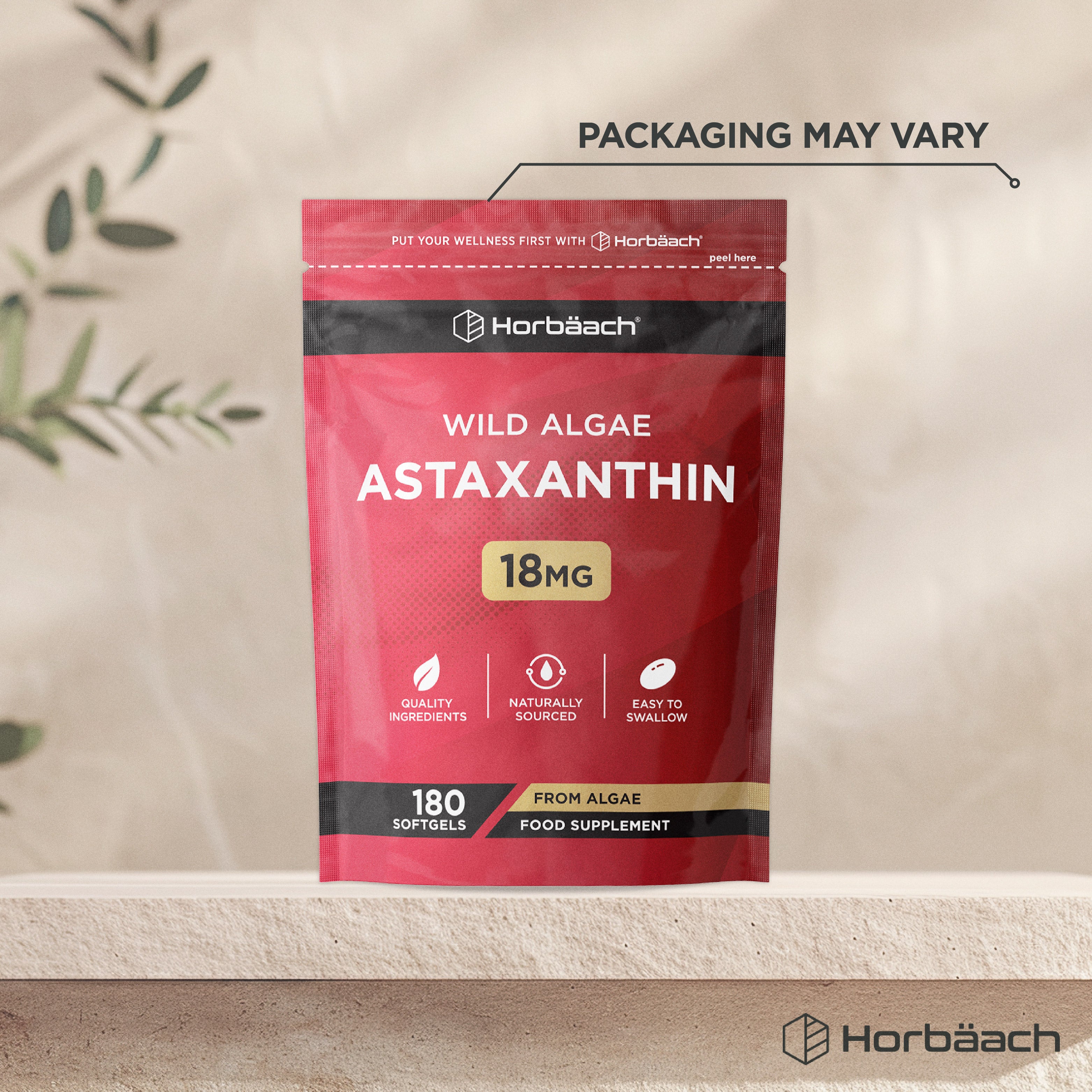 Wild Algae Astaxanthin 18mg, 180 softgels in a pouch for antioxidant health support.
