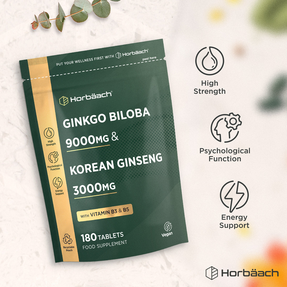 Vegan tablets with Ginkgo Biloba 9000mg, Korean Ginseng 3000mg, Vitamin B3, and B5. 180 count food supplement.