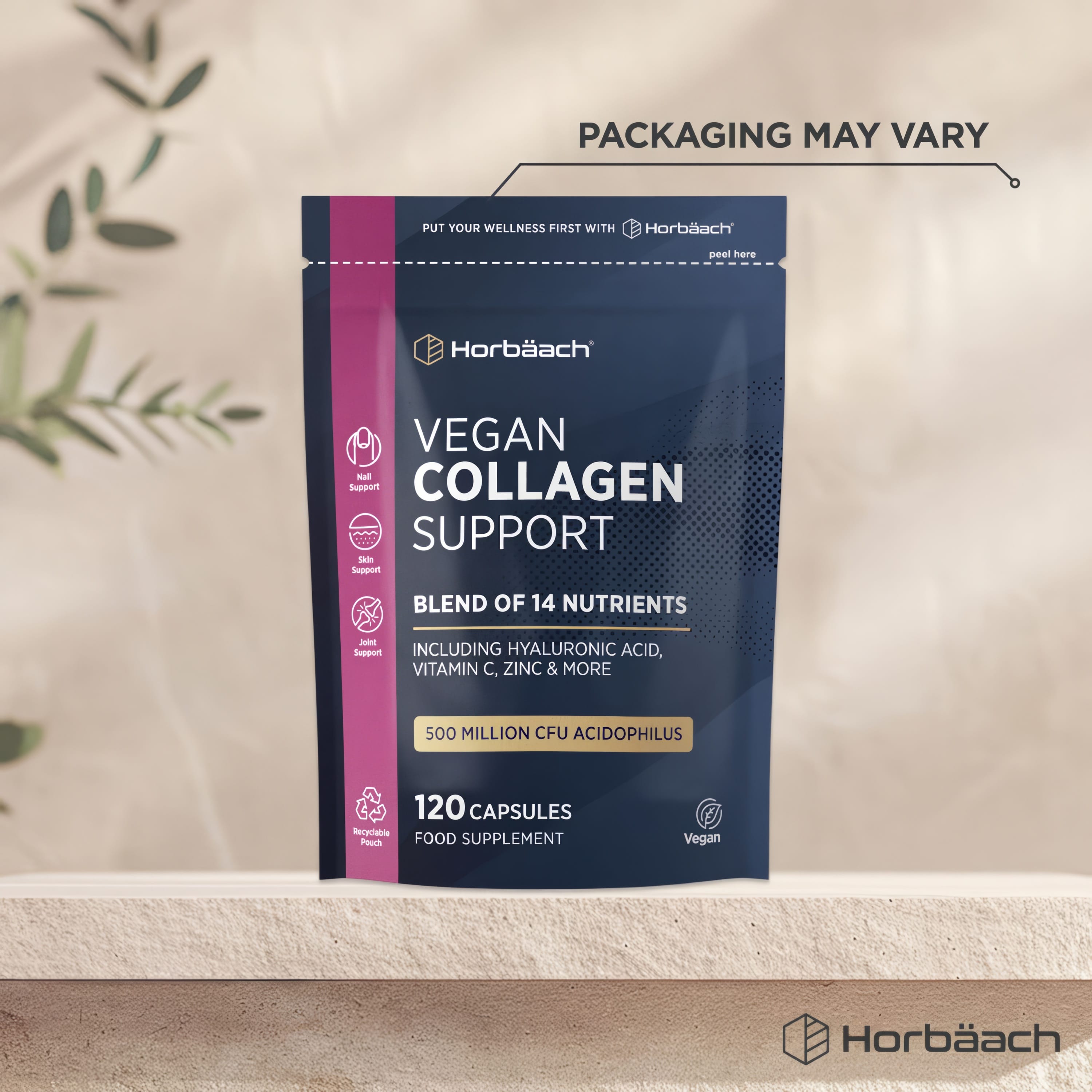 Horbäach Vegan Collagen Support 120 Capsules with 14 nutrients for nail, skin, and joint support. Vegan.