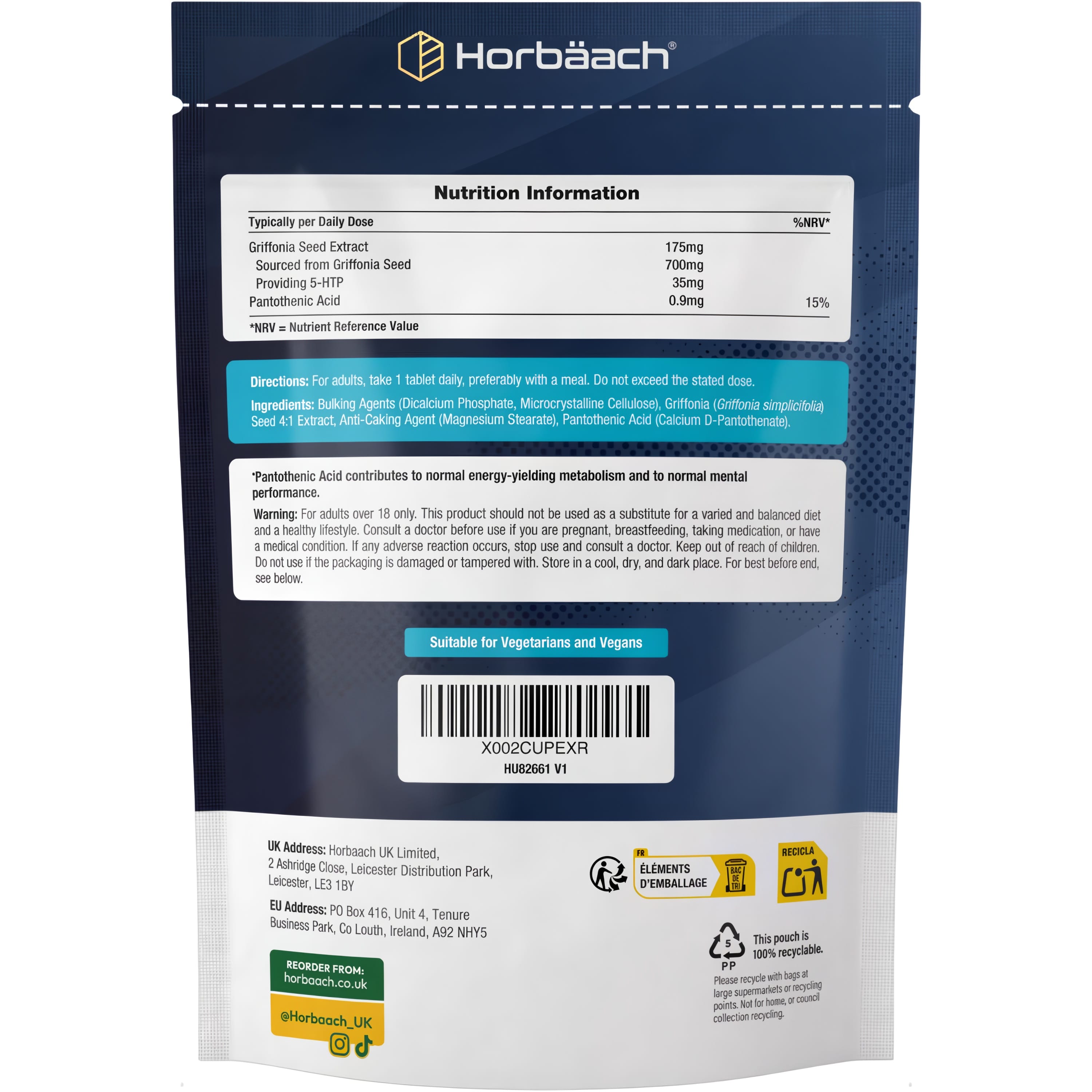 Supplement Facts panel showing HU 5 HTP with 700mg dose, 180 vegan tablets.