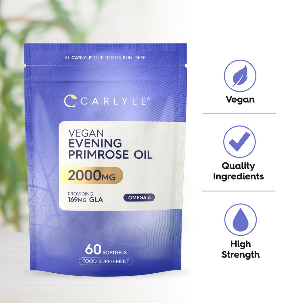Hand holding a bottle of vegan Evening Primrose Oil 2000mg softgels, 60 count, emphasizing supplement size and form.