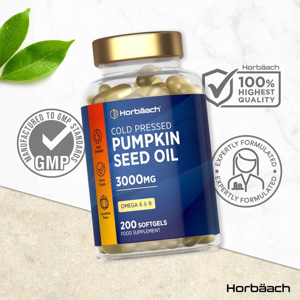 Horbäach Cold Pressed Pumpkin Seed Oil 3000mg, 200 softgels bottle shown next to a hand for size reference.