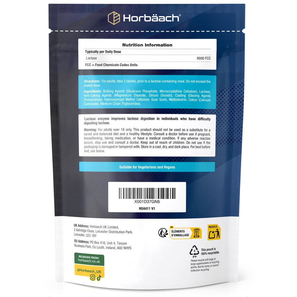 Horbäach Lactase Enzyme 9000FCC, 120 Vegan Tablets in a pouch, shown being weighed on a hand scale to display bulk size.