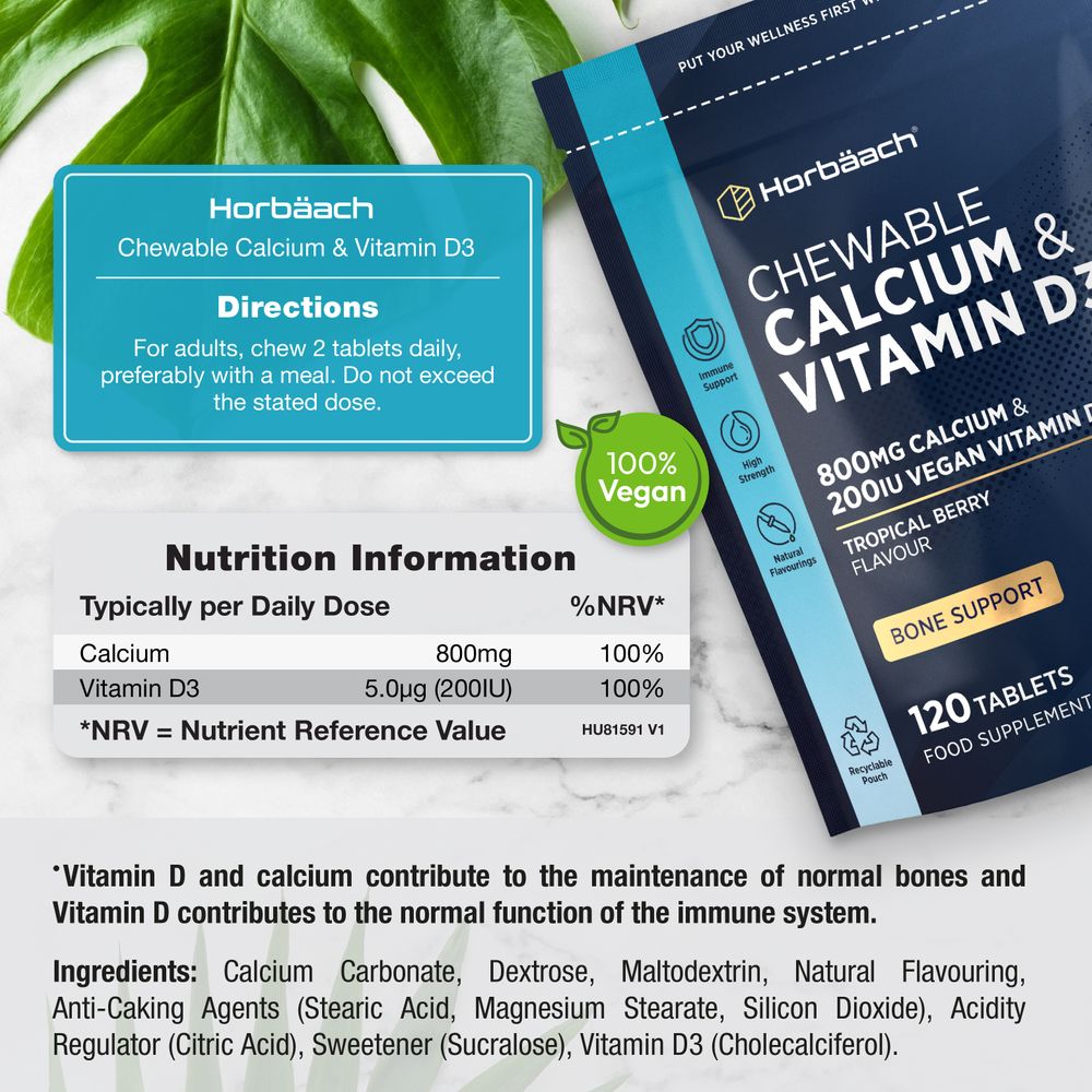 Horbäach Chewable Calcium & Vegan Vitamin D3 120 Tablets. Each dose provides 800mg Calcium and 5.0µg (200IU) D3.