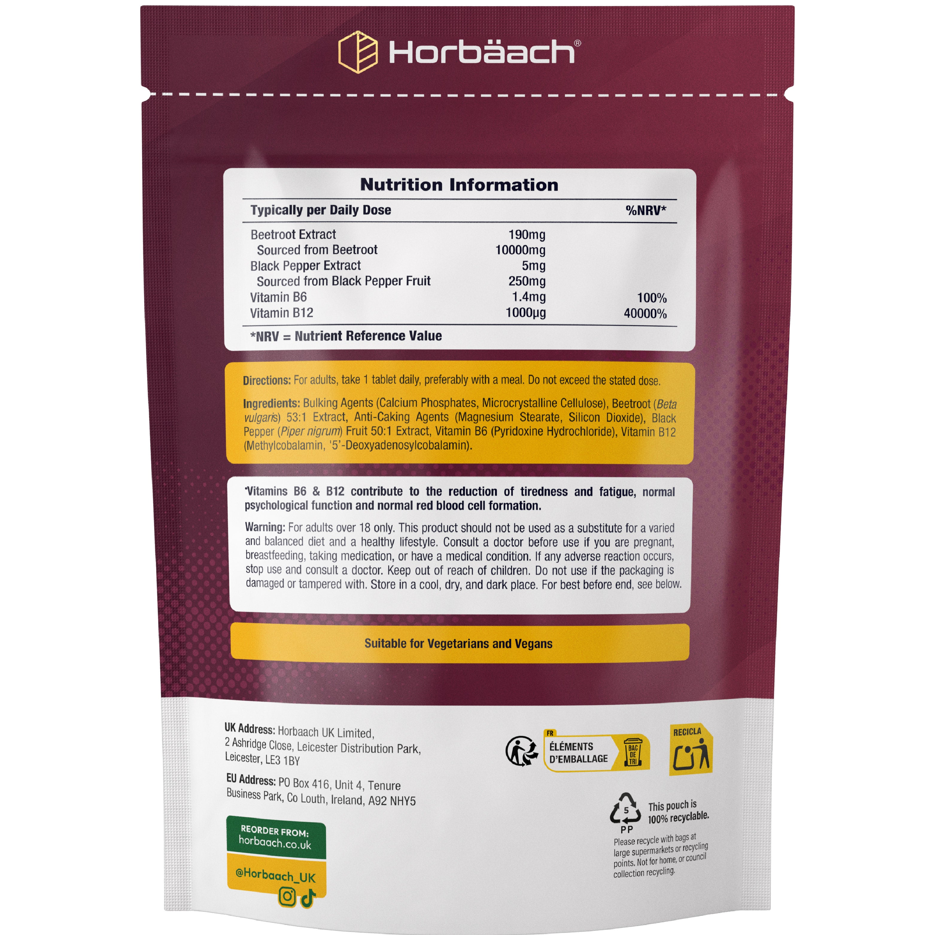 HU Vitamin B12 & Beetroot Complex pouch with 120 vegan tablets displayed.