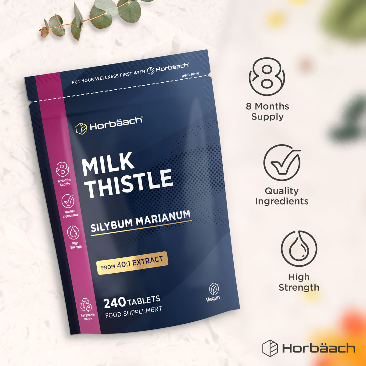 Milk Thistle 40:1 Extract, 240 Tablets, 8 Months Supply. High strength, vegan, with quality ingredients in a recyclable pouch.