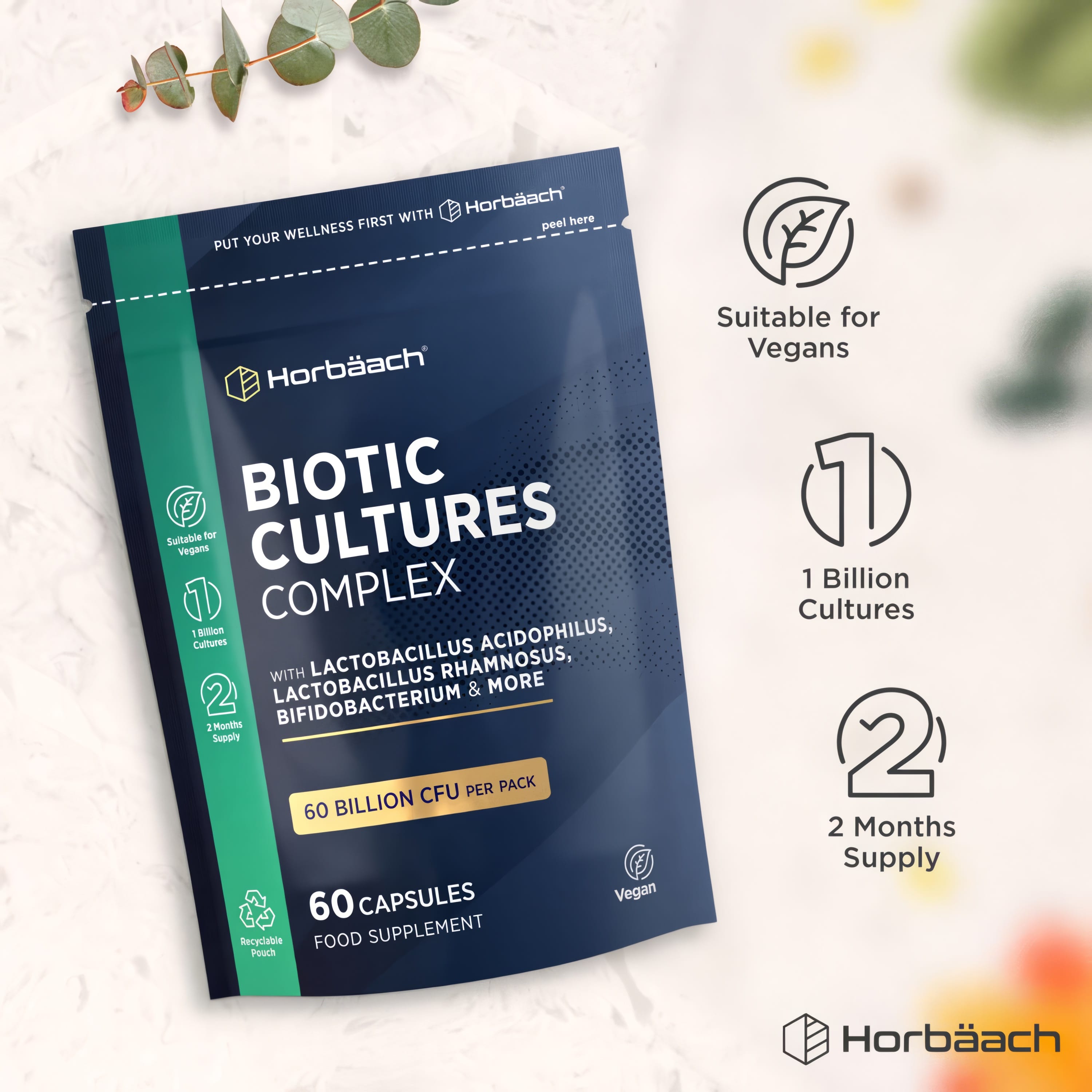 Bio Cultures bottle with icons indicating it's vegan, 1 billion cultures, 2-month supply, and a recyclable pouch.