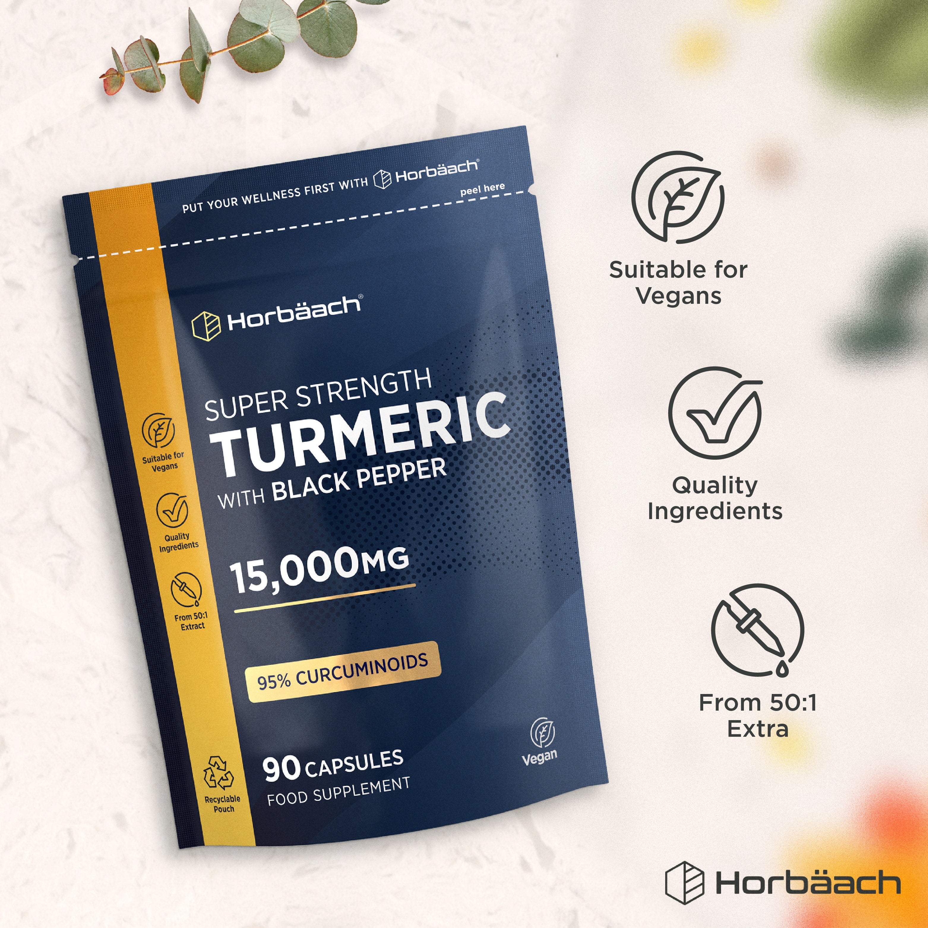 Horbäach Super Strength Turmeric with Black Pepper, 15,000mg 95% Curcuminoids, 90 Vegan Capsules pouch.