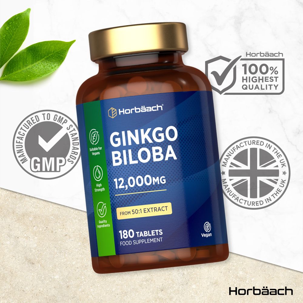 Ginkgo Biloba 12,000MG from 50:1 extract, 180 tablets, shown next to a hand for scale.