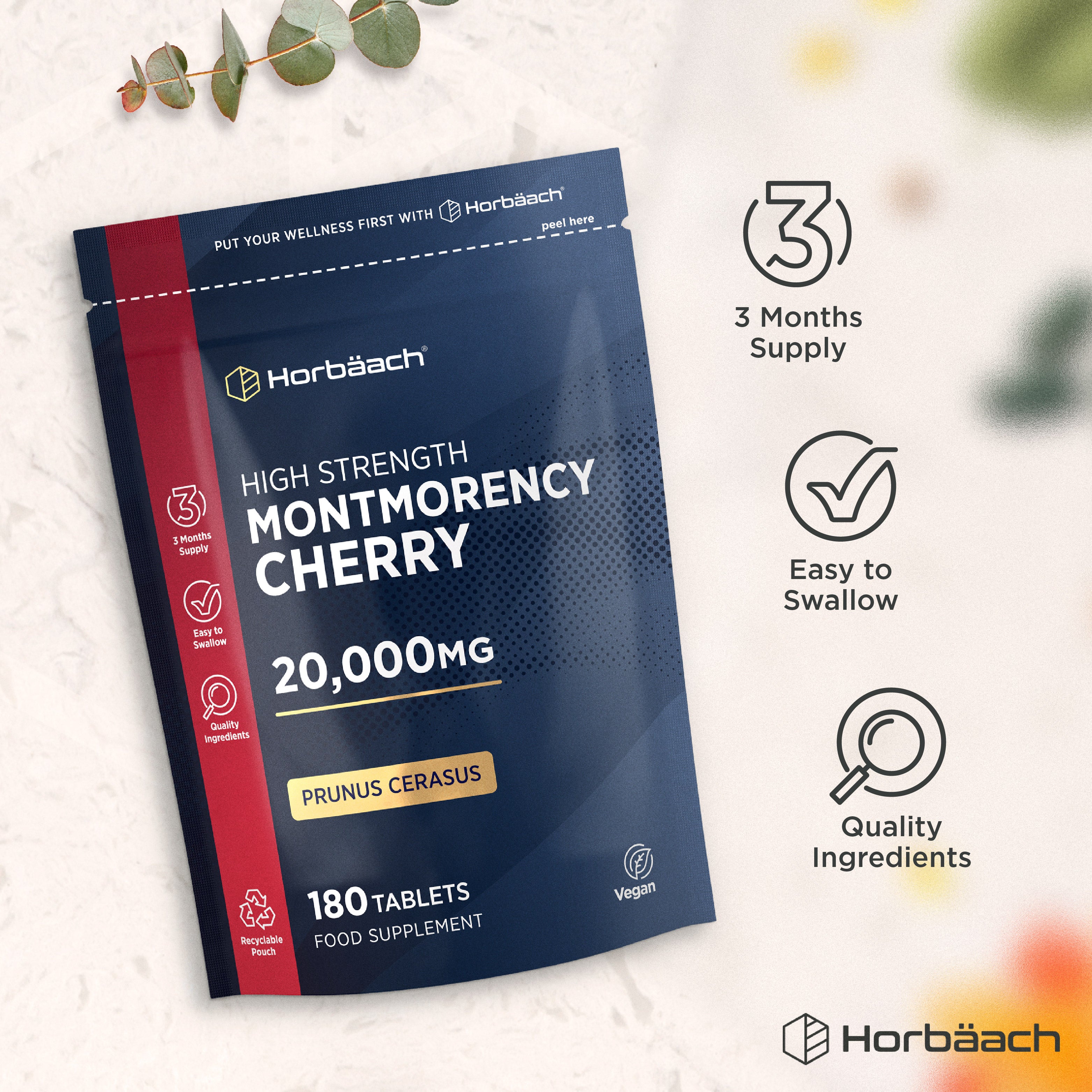 Horbäach High Strength Montmorency Cherry 20,000mg supplement, 180 vegan tablets in a recyclable pouch.