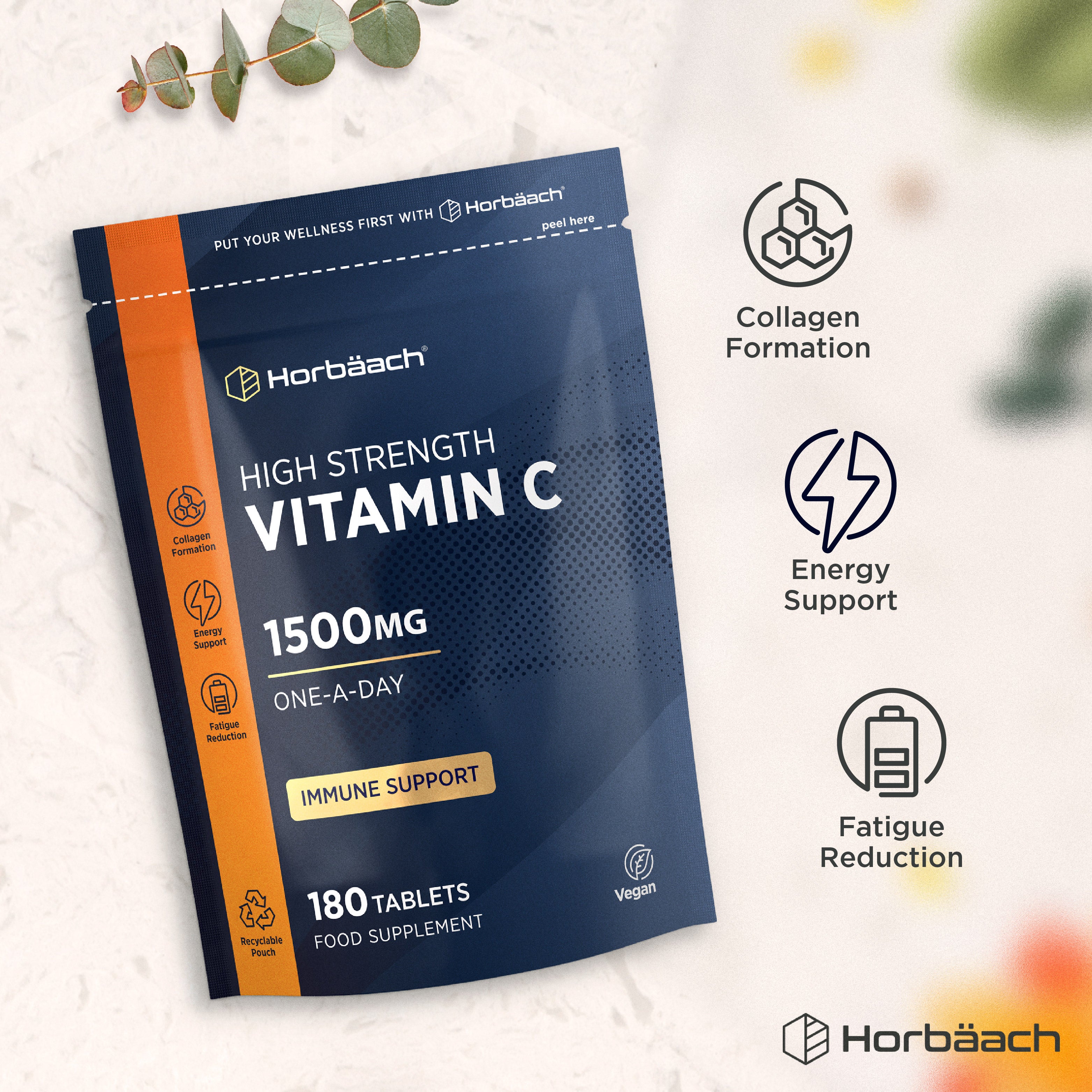 Horbäach High Strength Vitamin C 1500mg tablets for immune support, 180 count, vegan and in a recyclable pouch.