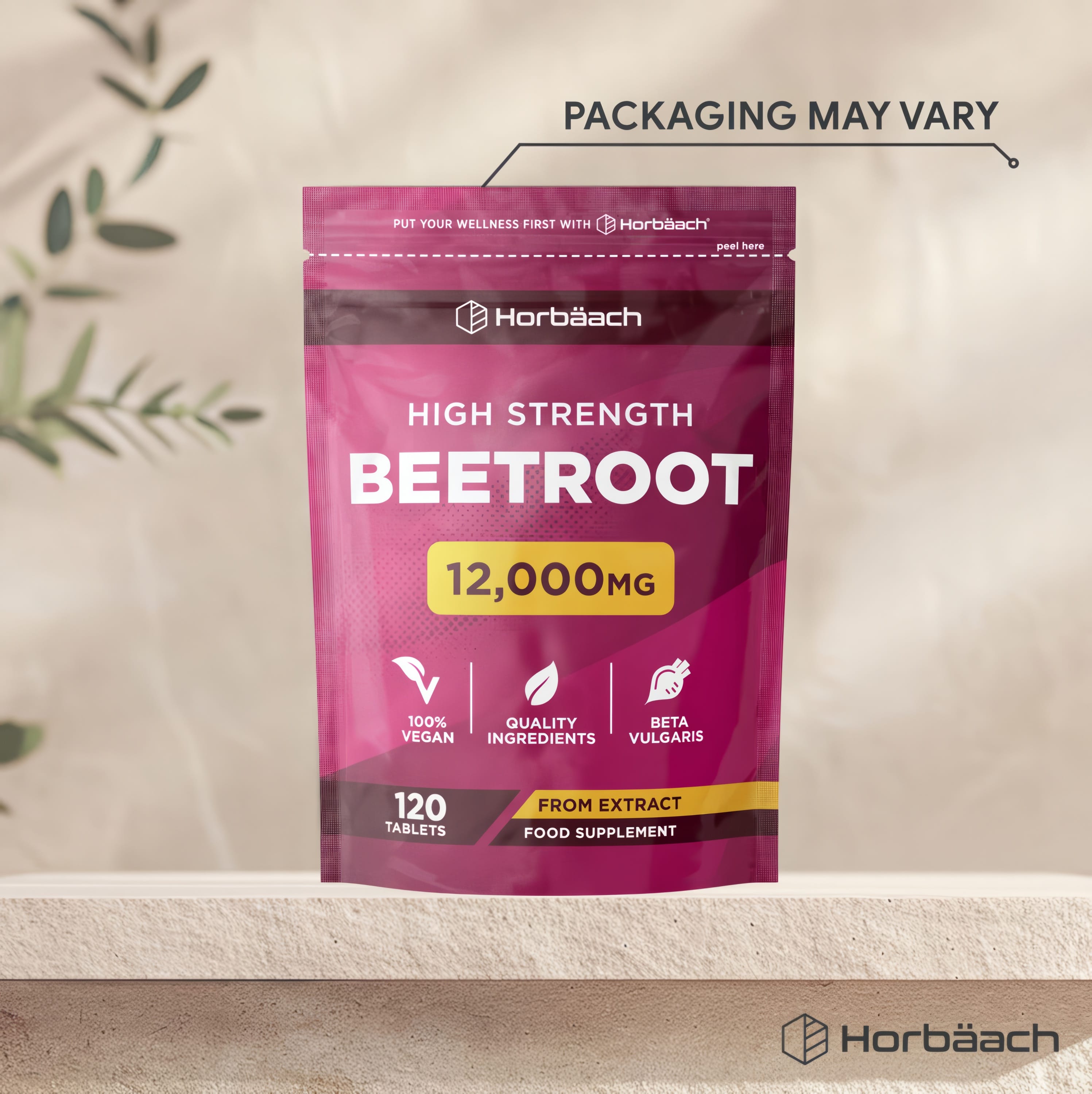 Horbäach High Strength Beetroot 12,000mg, 120 Vegan Tablets, 100% Vegan, extracted for food supplement use.