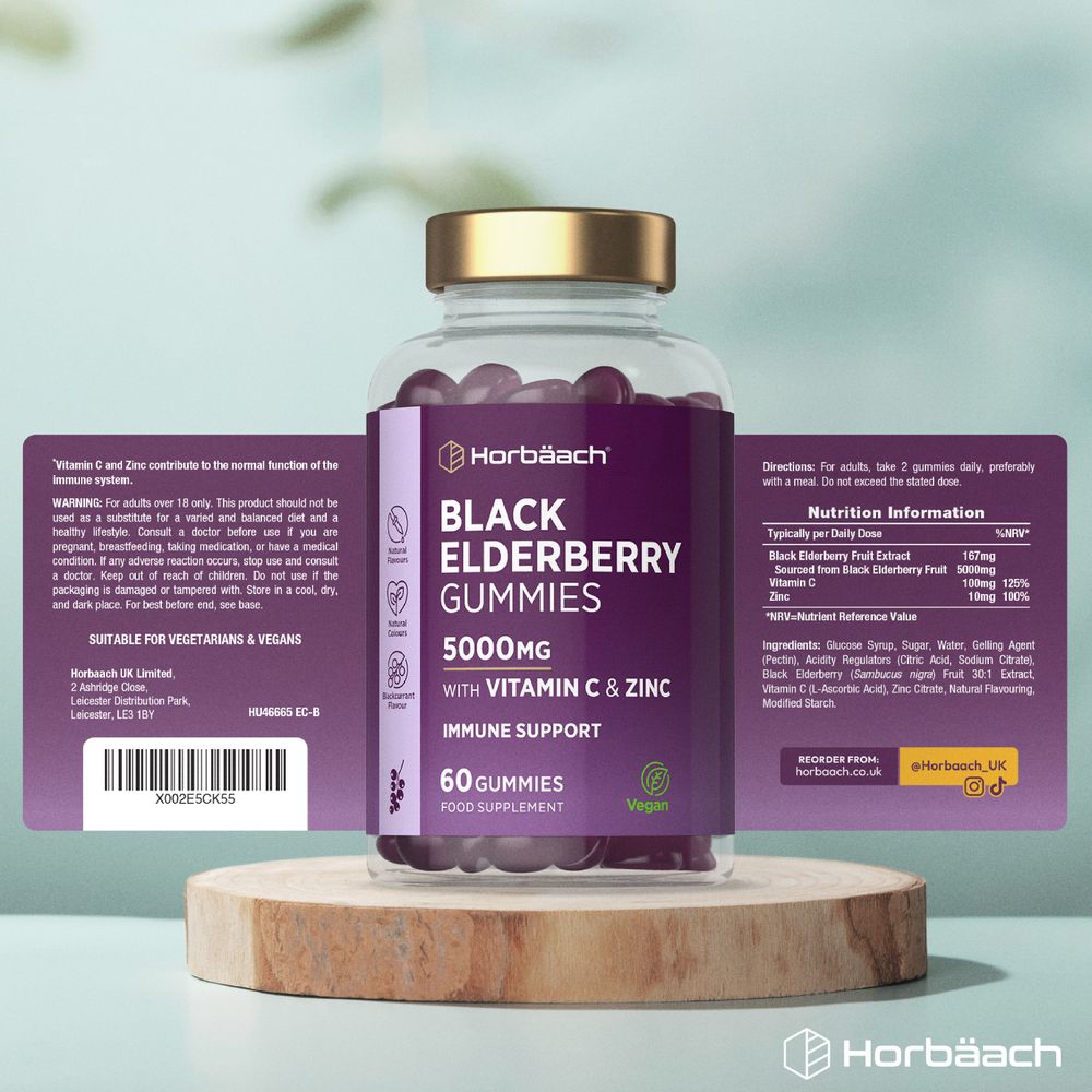 A hand holding a bottle of Black Elderberry Gummies, containing 60 gummies with a total strength of 5000mg.