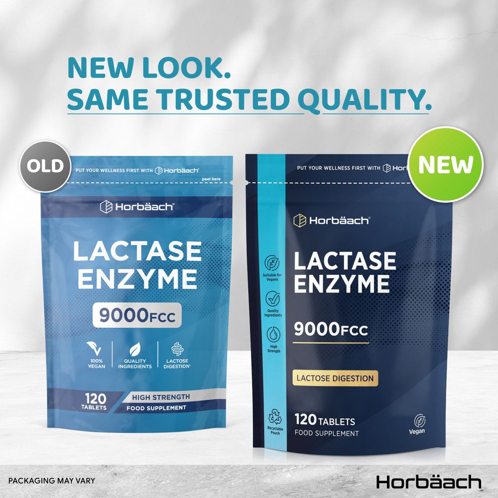 Lactase Enzyme 9000FCC 120 Vegan Tablets, old and new packaging. Graphic says 'NEW LOOK. SAME TRUSTED QUALITY.'