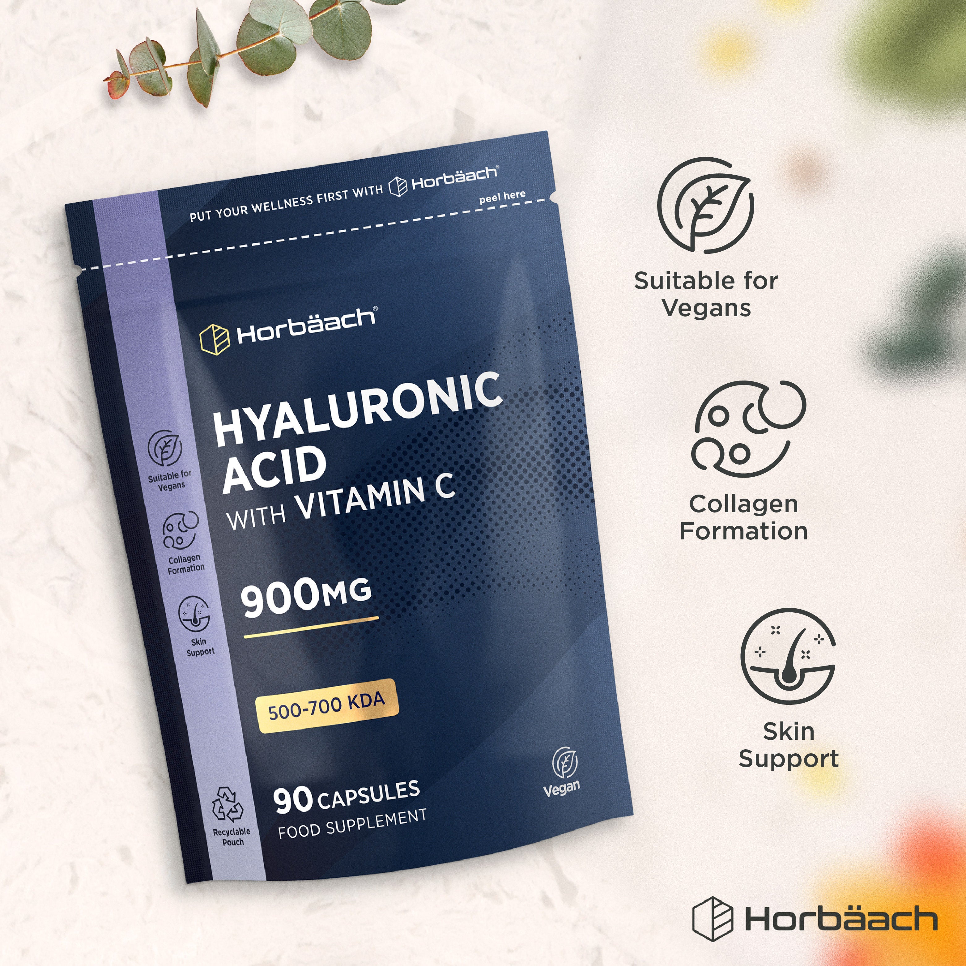 Hyaluronic Acid with Vitamin C 900mg in 90 Vegan Capsules, food supplement in a recyclable pouch.