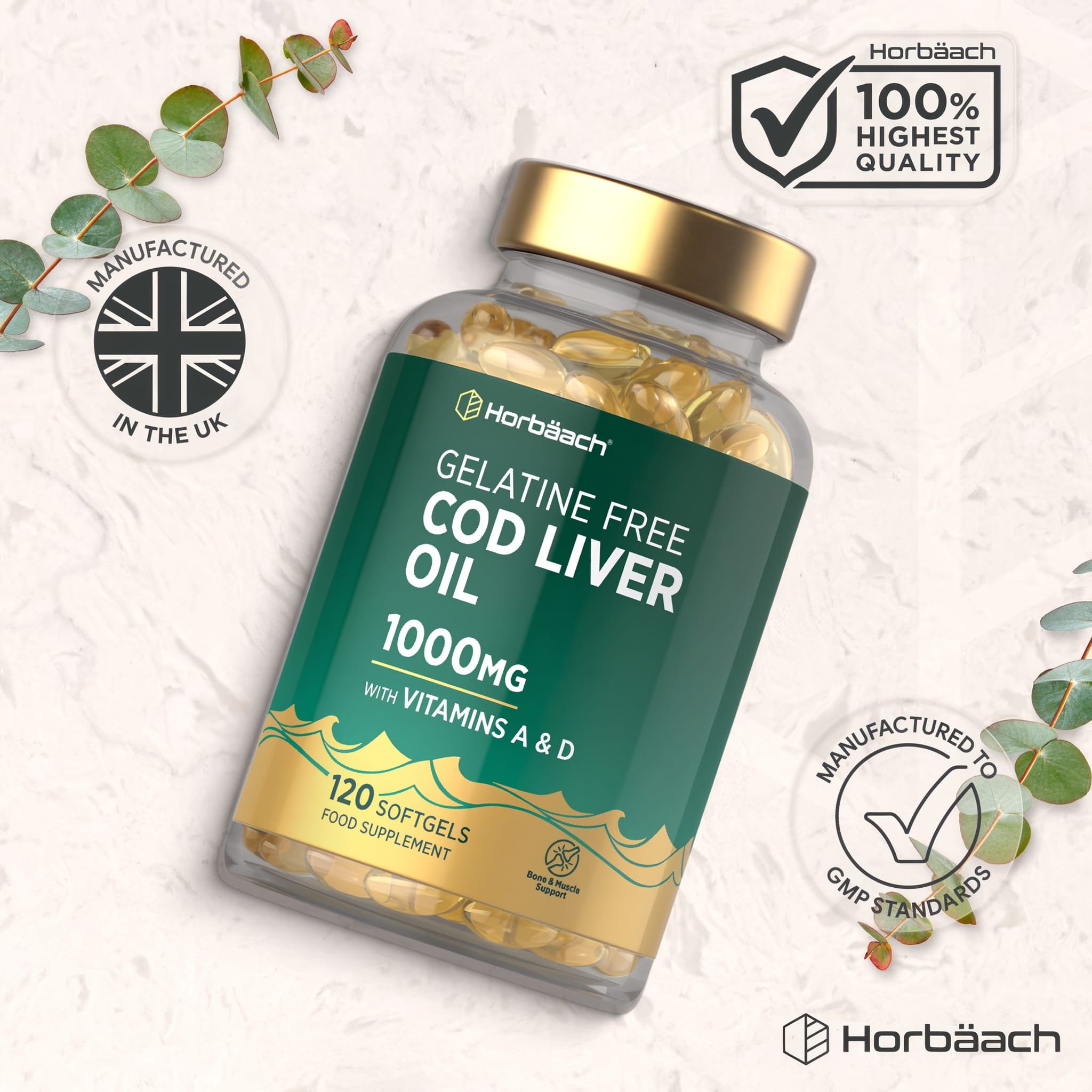 This is a bulk scale image of Gelatine Free Cod Liver Oil 1000mg, featuring a bottle with 120 softgels.