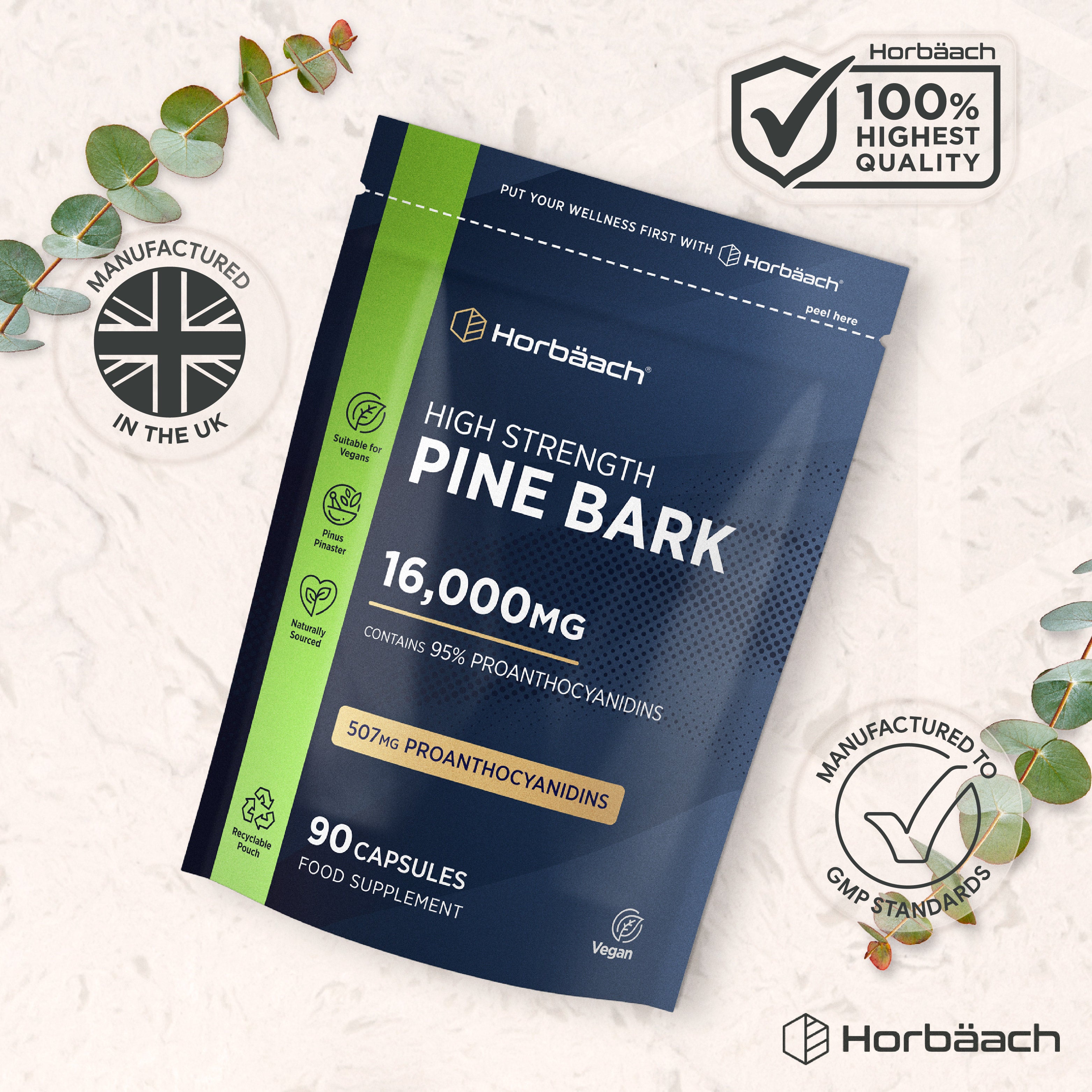 Horbäach High Strength Pine Bark 16,000MG, 90 Capsules Food Supplement in a pouch.