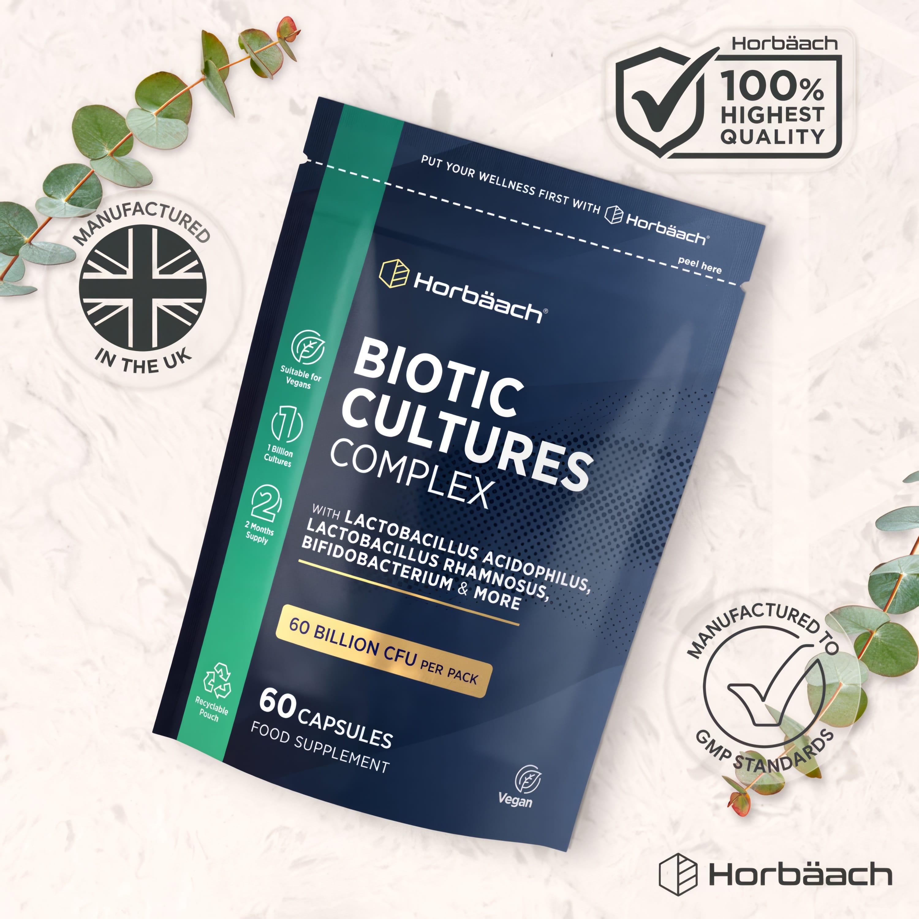 Horbäach Biotic Cultures Complex with 60 Billion CFU per pack; includes 60 vegan capsules and a 2-month supply in a recyclable pouch.