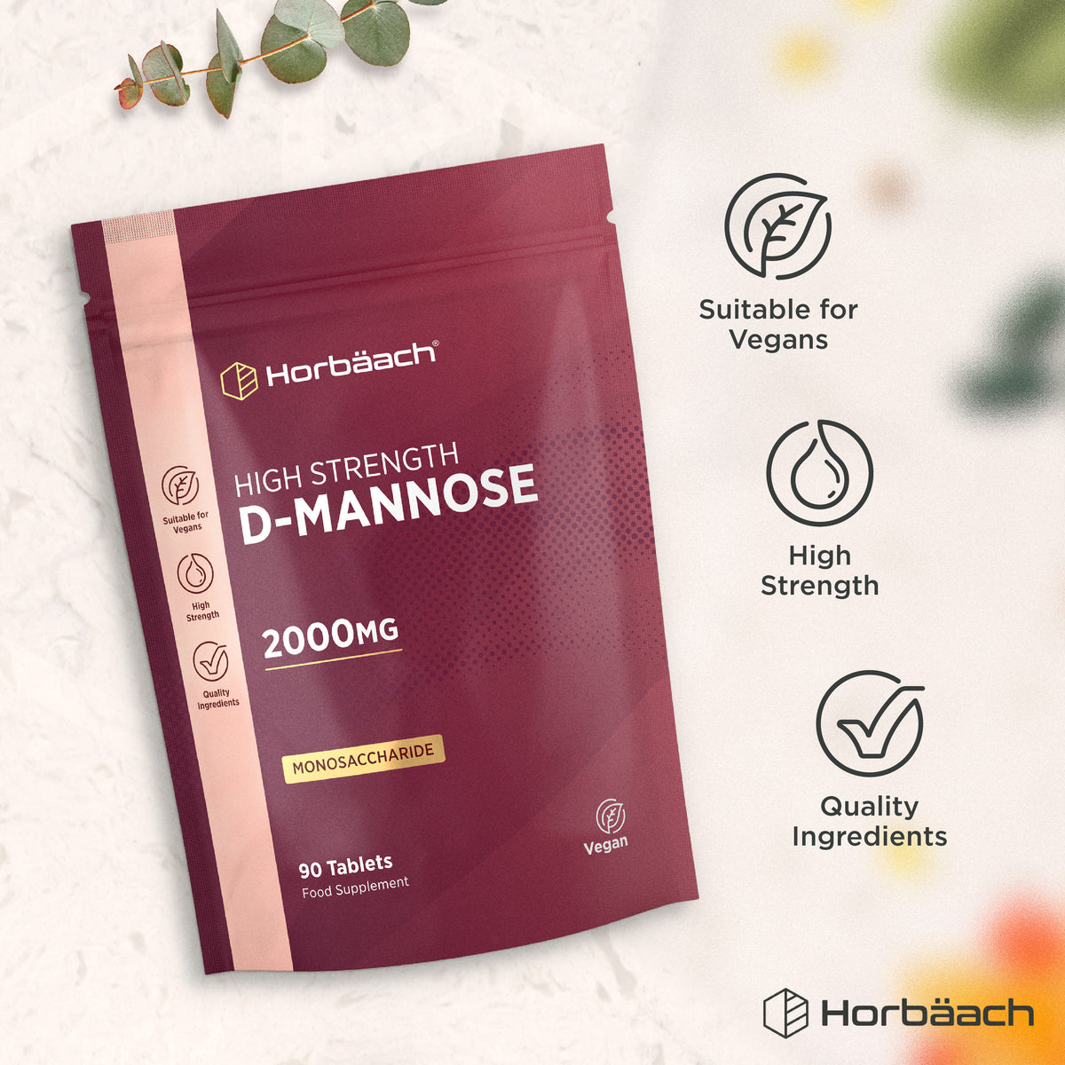 D-Mannose bottle with icons indicating suitability for vegans, high strength, and quality ingredients.