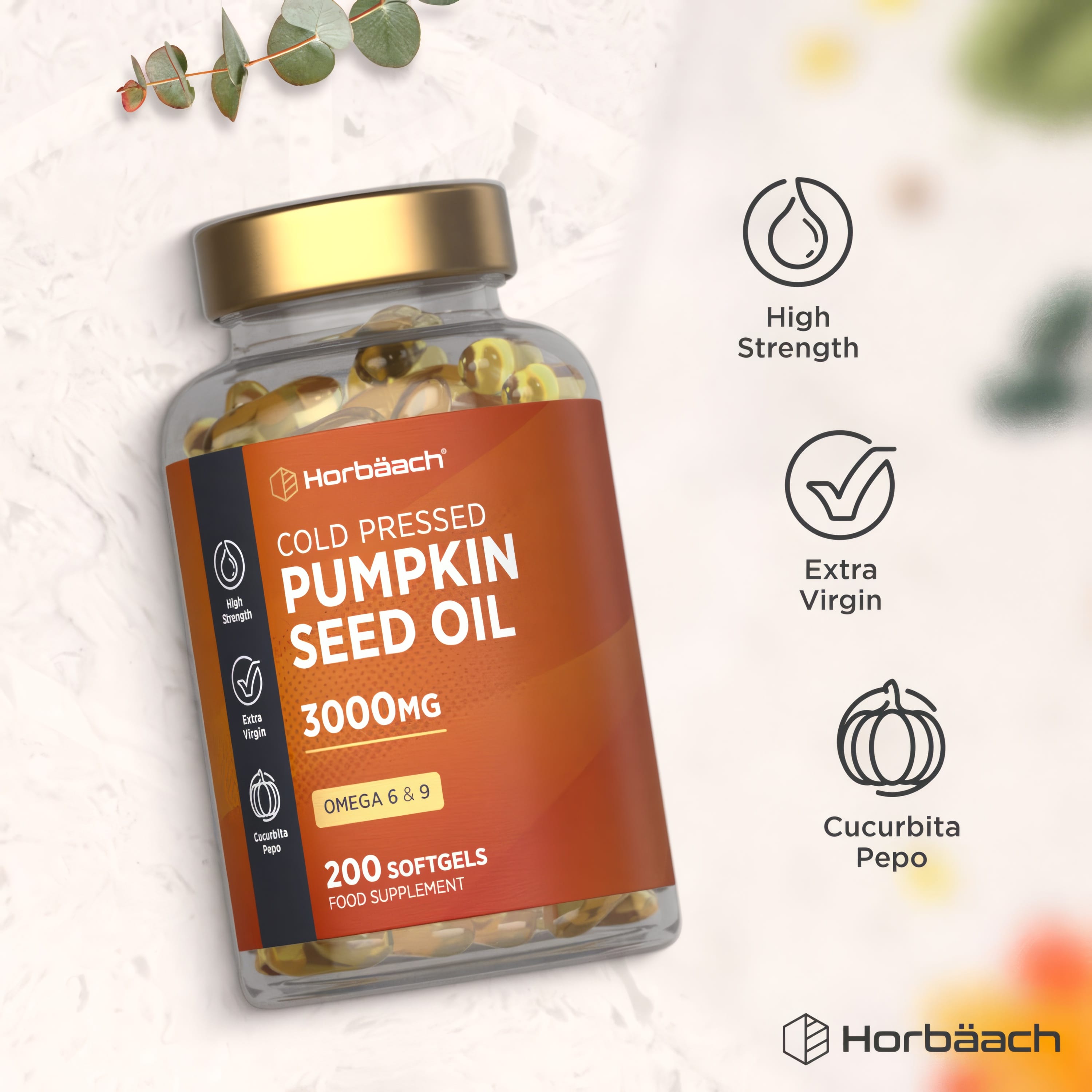 Horbäach Pumpkin Seed Oil 3000mg, Omega 6 & 9, High Strength, Extra Virgin, Cucurbita Pepo, 200 Softgels shown in bottle.