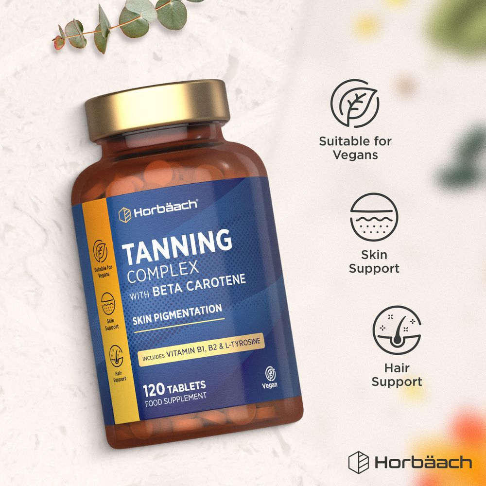 Horbäach Tanning Complex bottle with 120 orange tablets. Vegan formula that supports skin pigmentation.