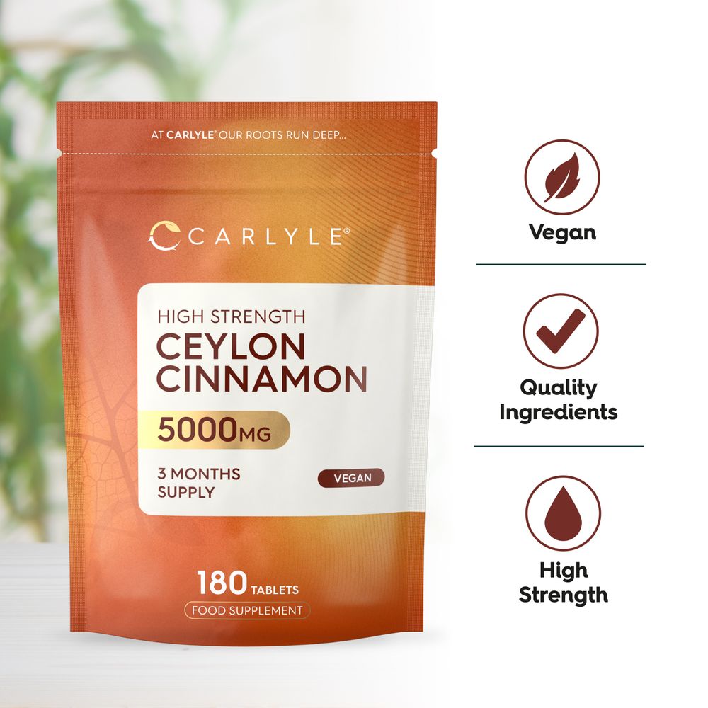 Ceylon Cinnamon bottle with icons indicating vegan, quality ingredients, and high strength.