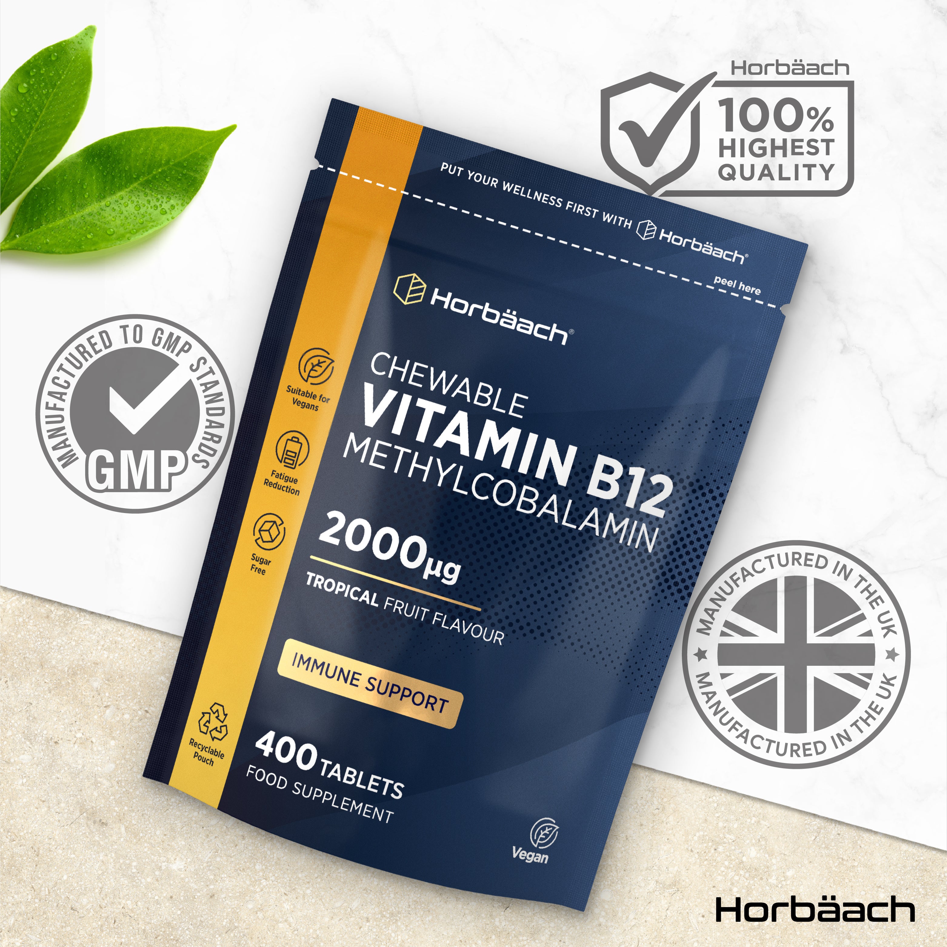 Horbäach Chewable Vitamin B12, 2000µg, Tropical Fruit Flavor, 400 Tablets Food Supplement.
