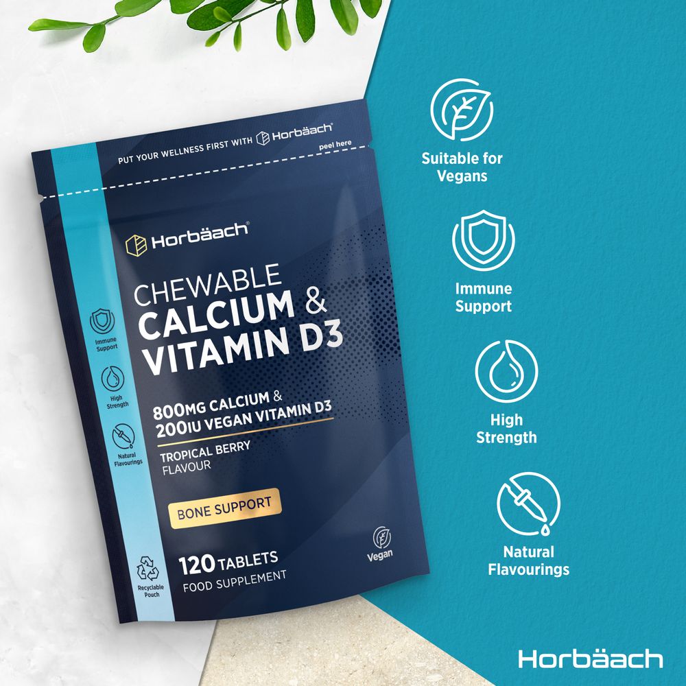 120 vegan chewable tablets provide 800mg calcium and 200IU vegan vitamin D3 per serving.
