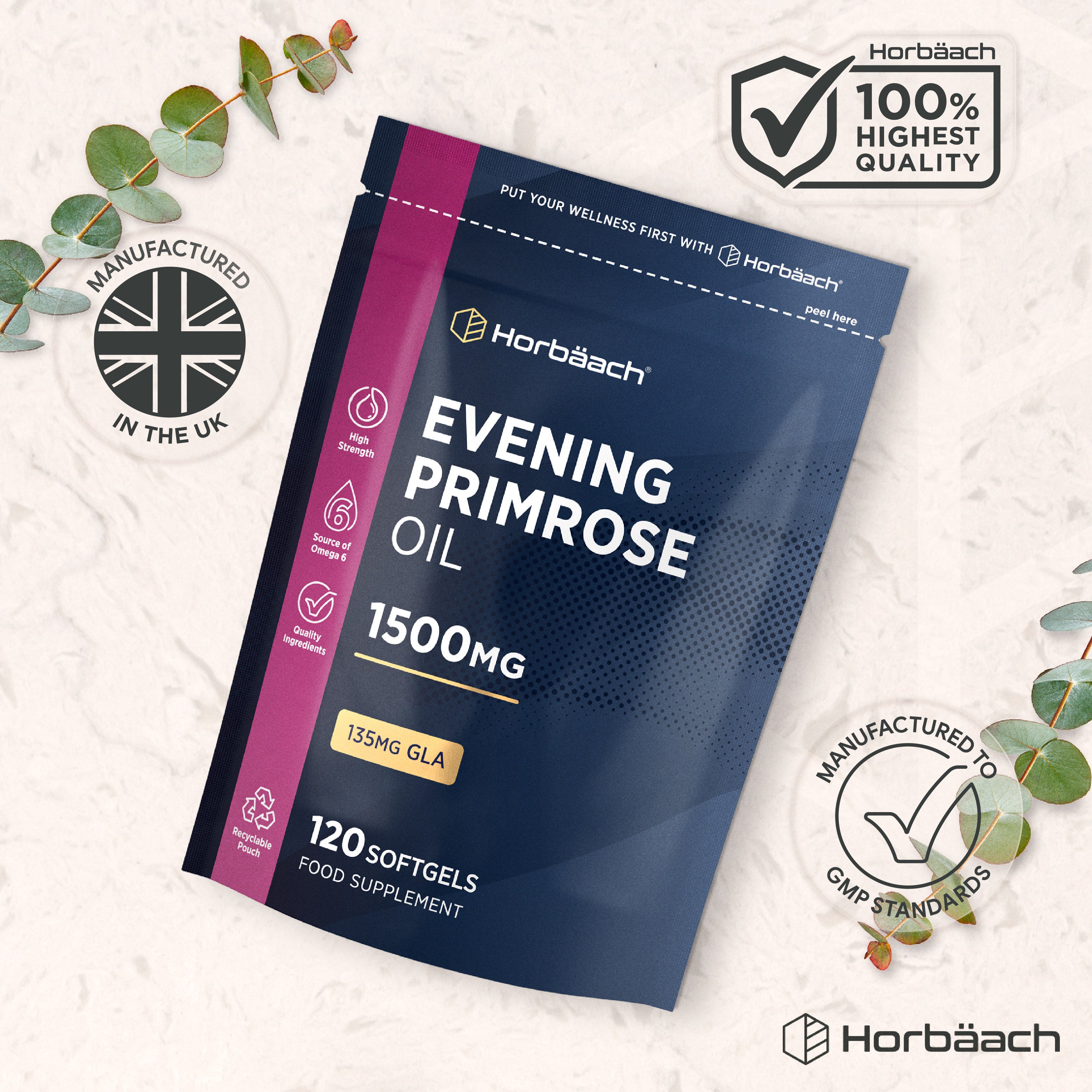 Horbäach Evening Primrose Oil 1500mg with 135mg GLA, includes 120 softgels in a pouch.