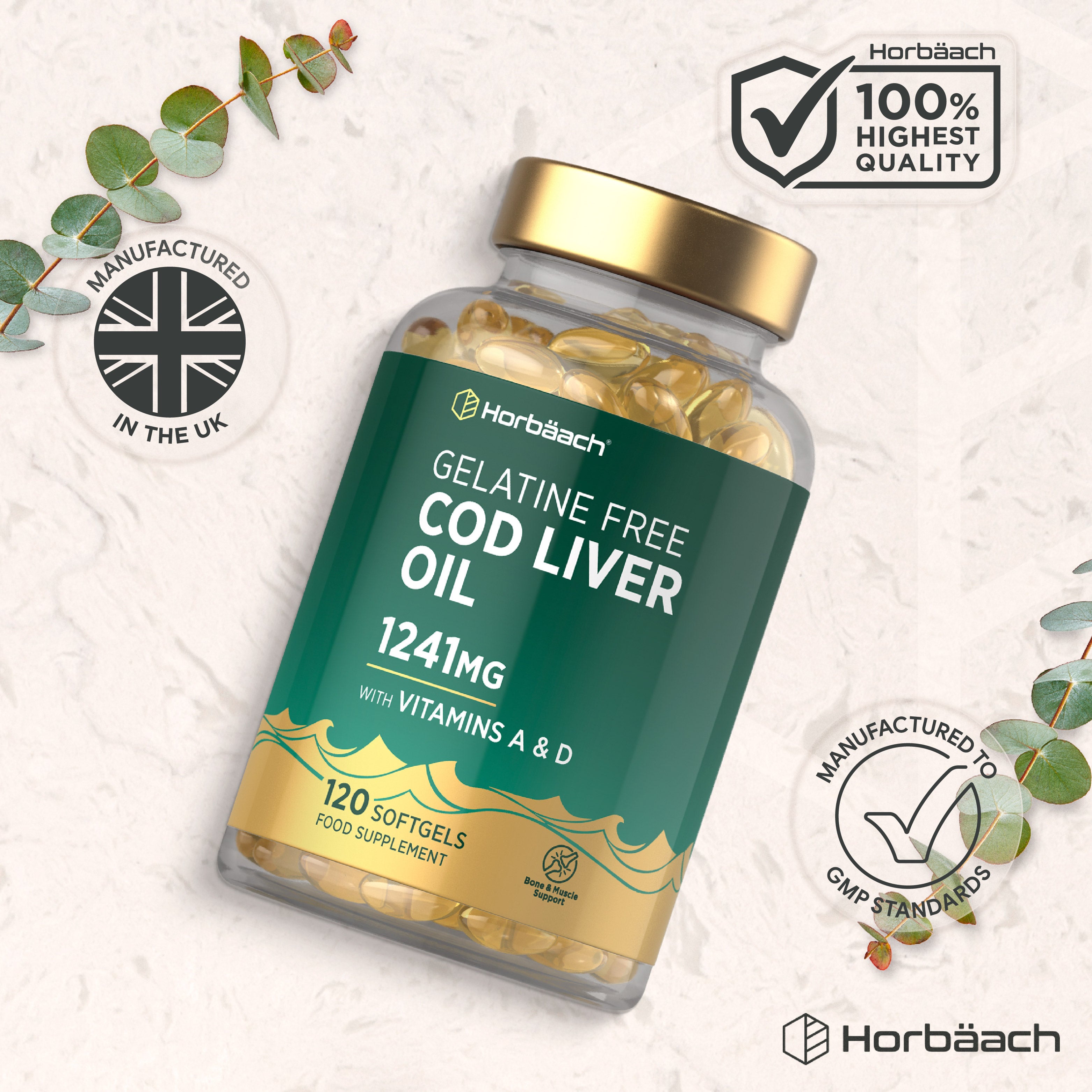 Horbäaach Gelatine Free Cod Liver Oil 1241mg with Vitamins A and D, 120 Softgels Food Supplement.