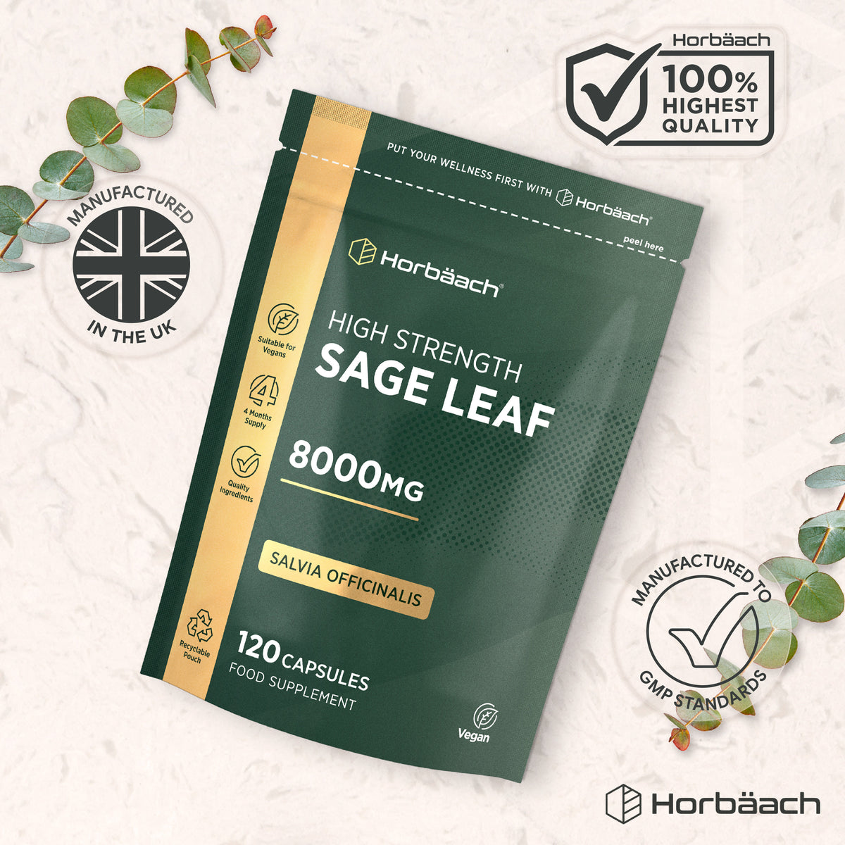 Horbäcch High Strength Sage Leaf 8000mg, Salvia Officinalis, 120 Capsules as a food supplement.