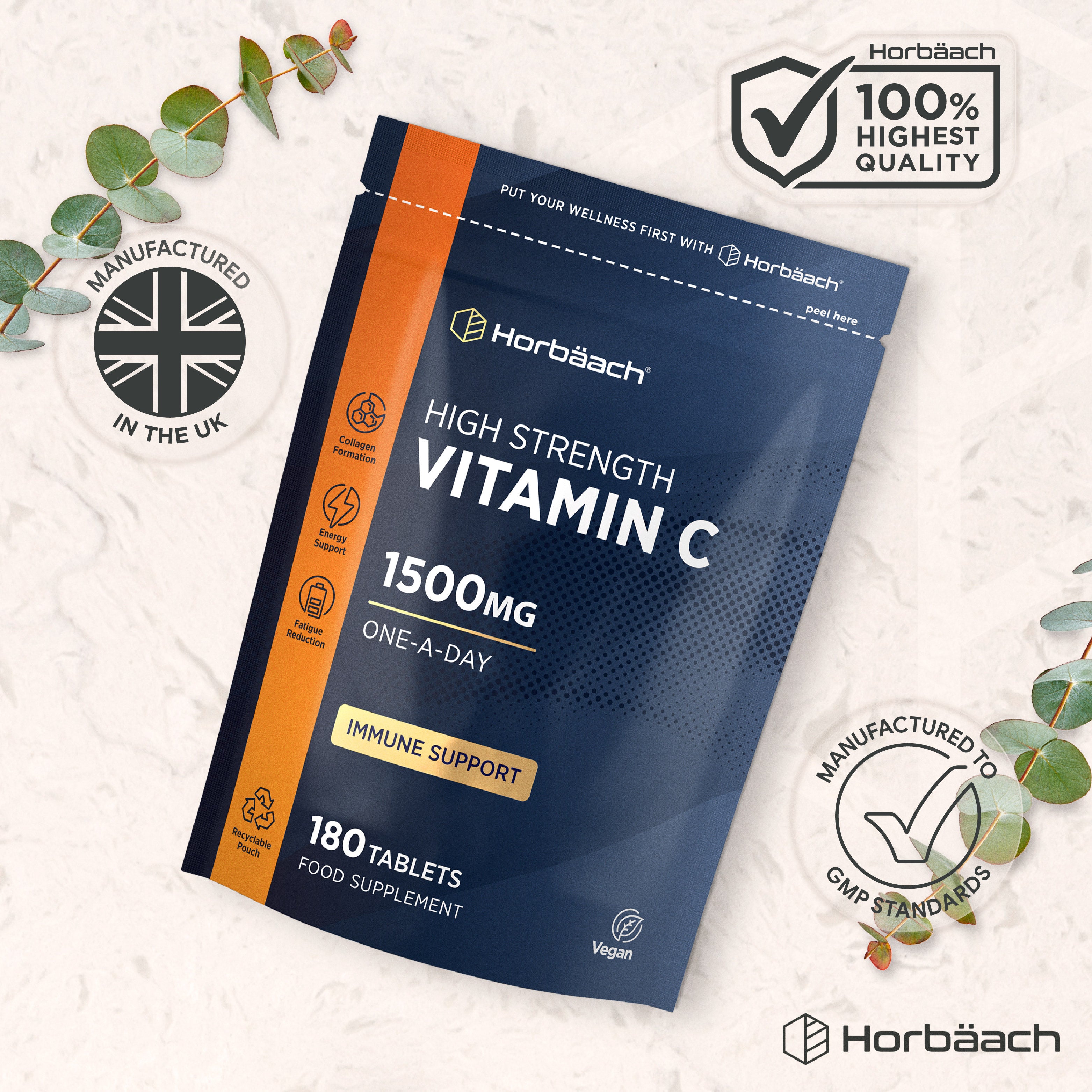 Horbäach High Strength Vitamin C 1500mg tablets, 180 count, in a navy blue pouch. One tablet per day.